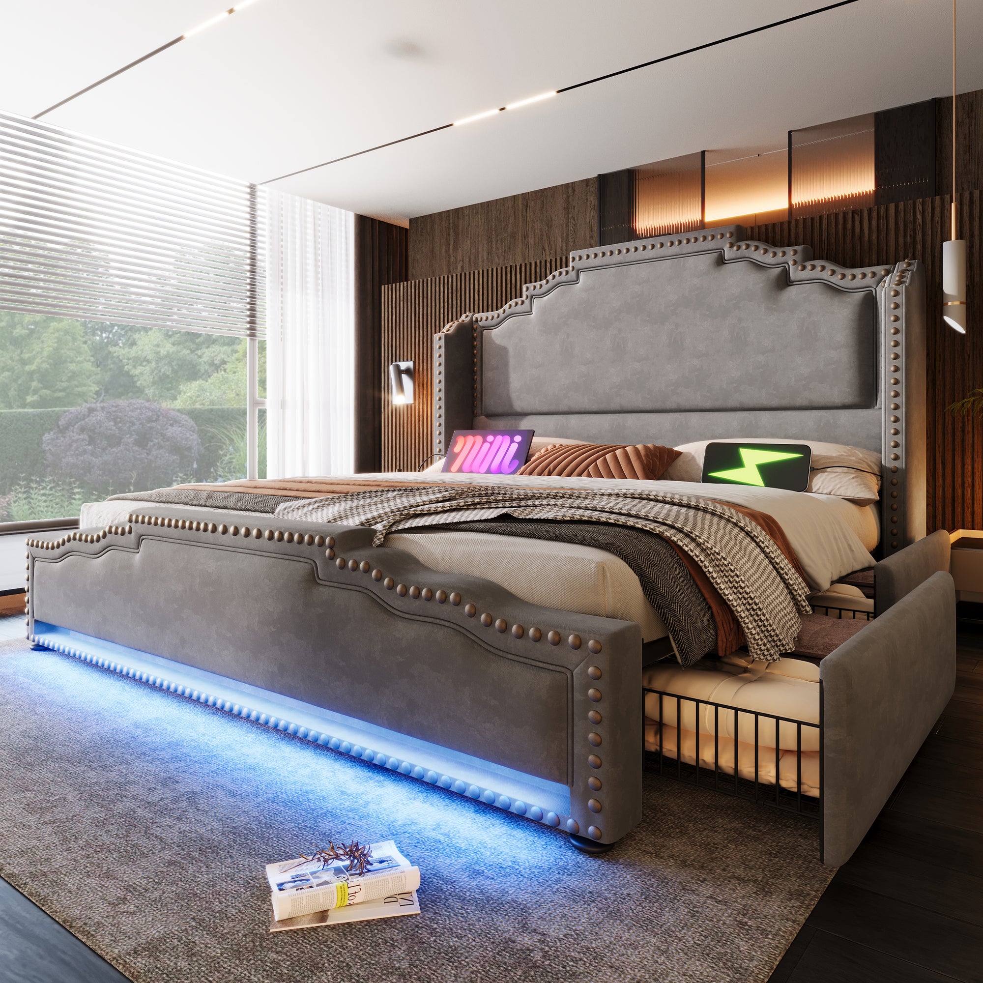 Upholstered Bed 140x200, Double with 4 Drawers, LED & USB-C, Velvet Grey