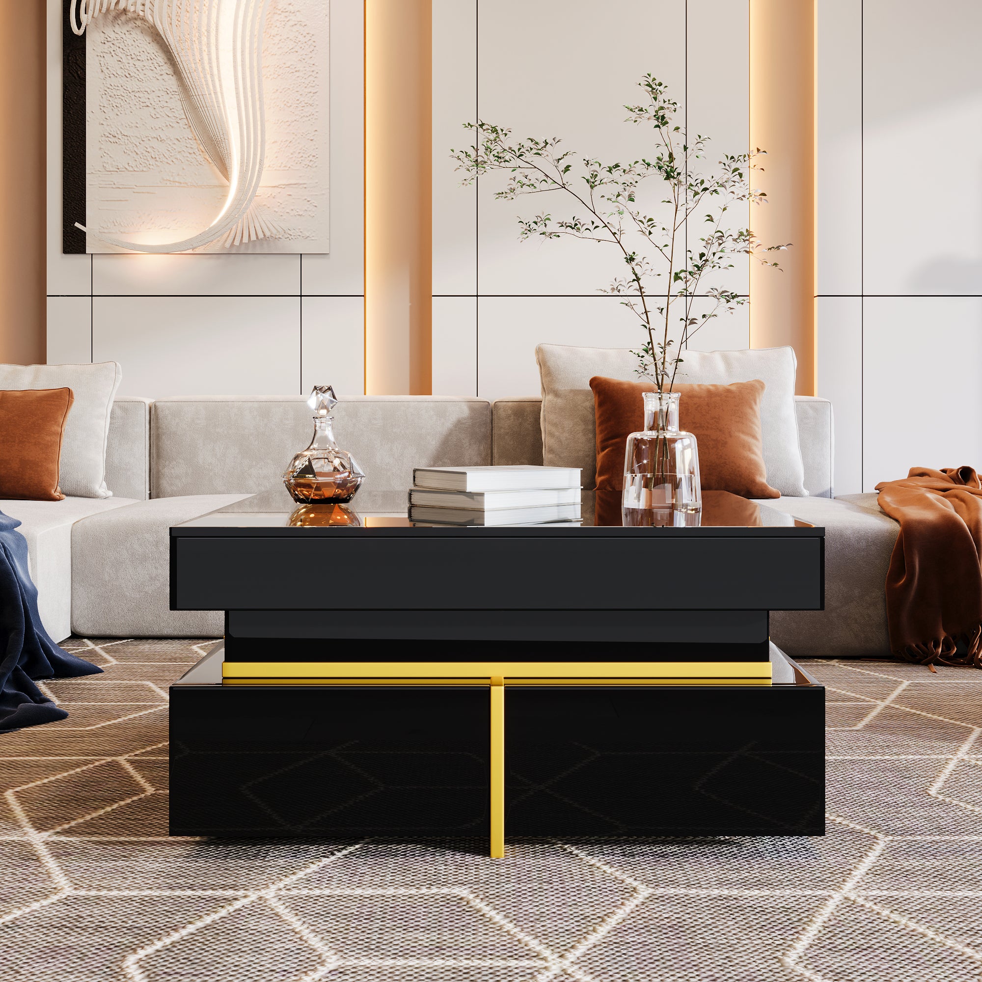 Coffee Table, High-Gloss, with Drawers, Gold Accents