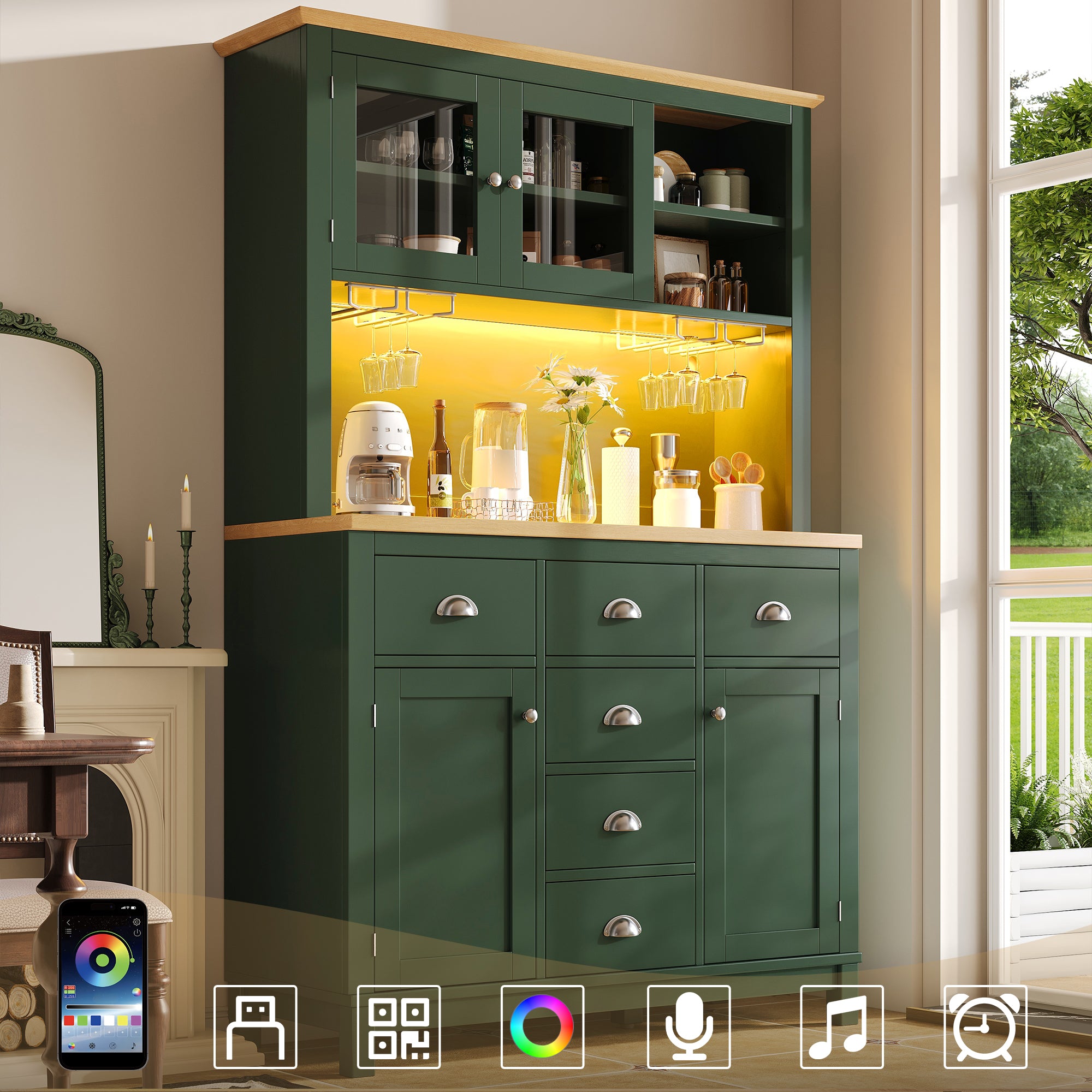 Buffet Sideboard Cabinet with 4 Doors and LED Lights, Green and White