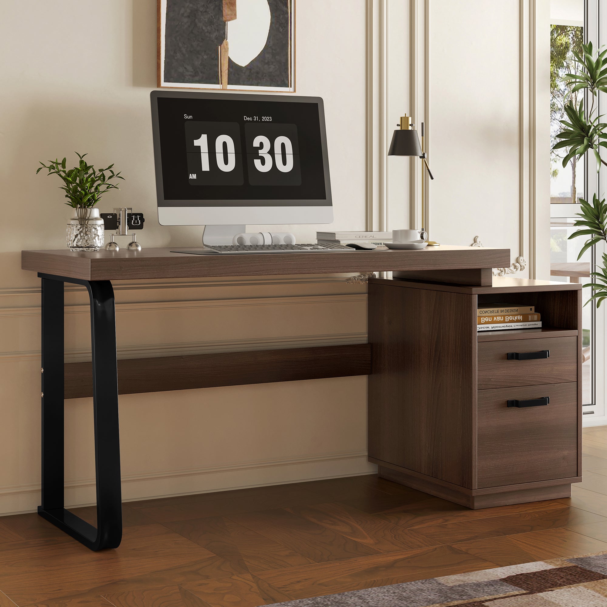 Modern Desk with Multifunctional Storage and Silent File Drawer, MDF and Steel, Brown