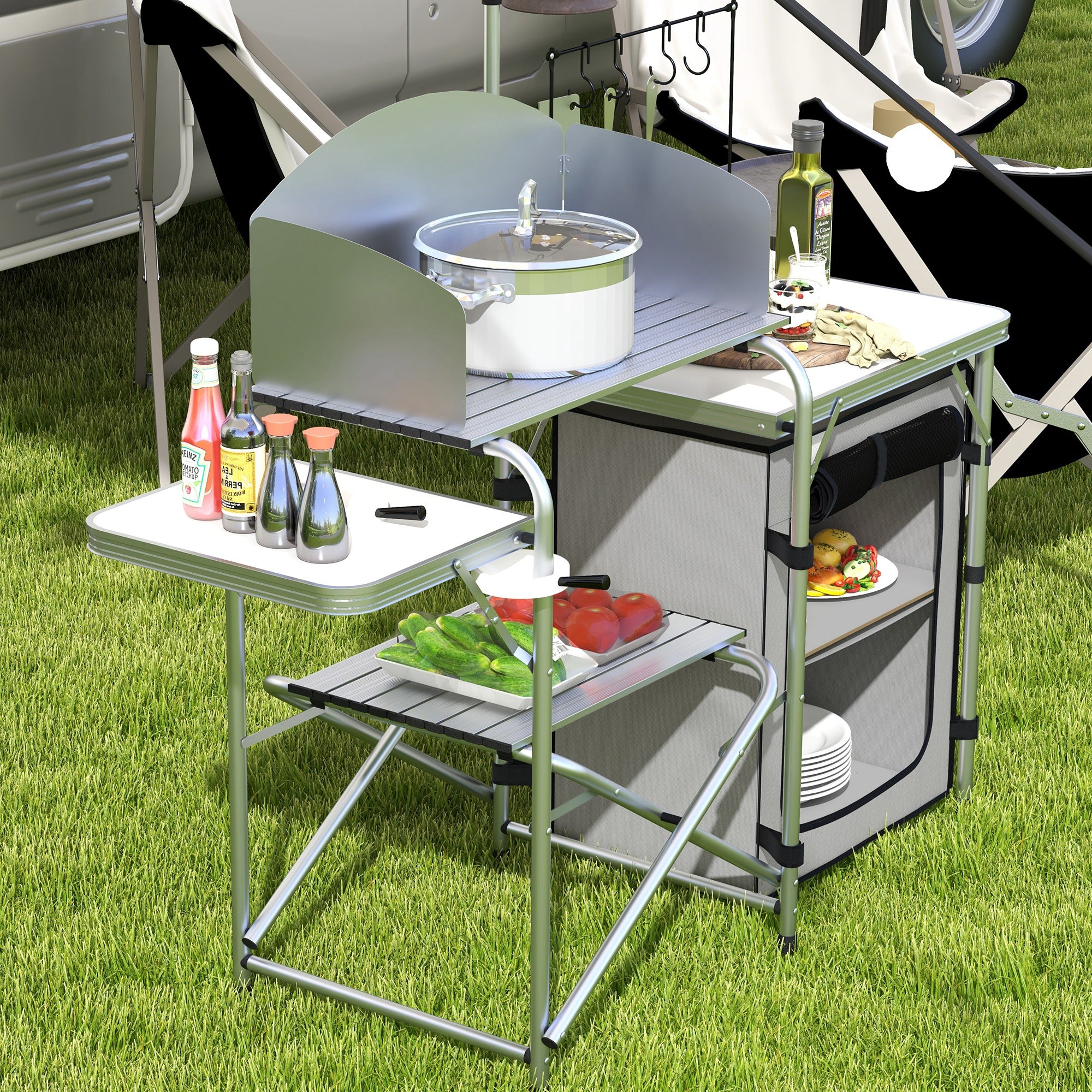 Folding Camping Kitchen, UV & Wind Protection, 3 Worktops, Aluminum