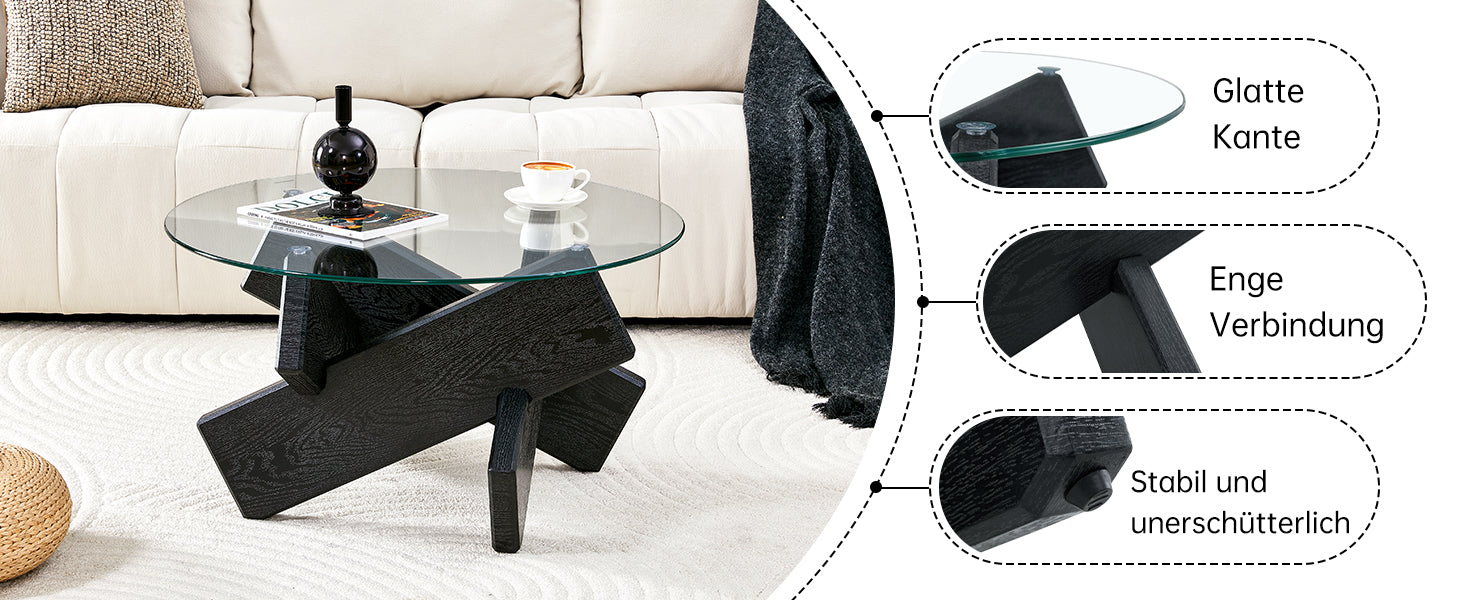 Round Coffee Table 79cm - Tempered Glass Top, Black Wood Grain Legs - MDF/Glass