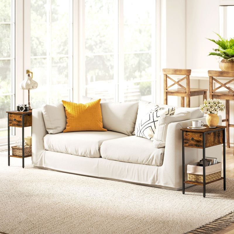 Side Table with Open Compartment and Drawer, Metal Legs, Wood, Brown