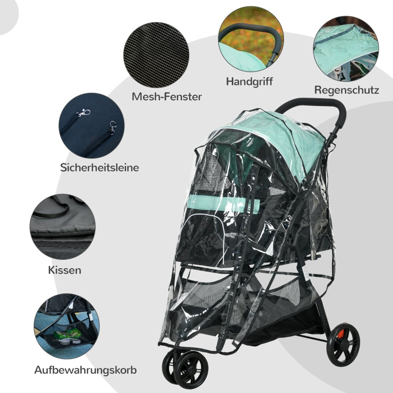 Pet Stroller, Foldable with Rain Cover & 2 Cup Holders, Blue + Green