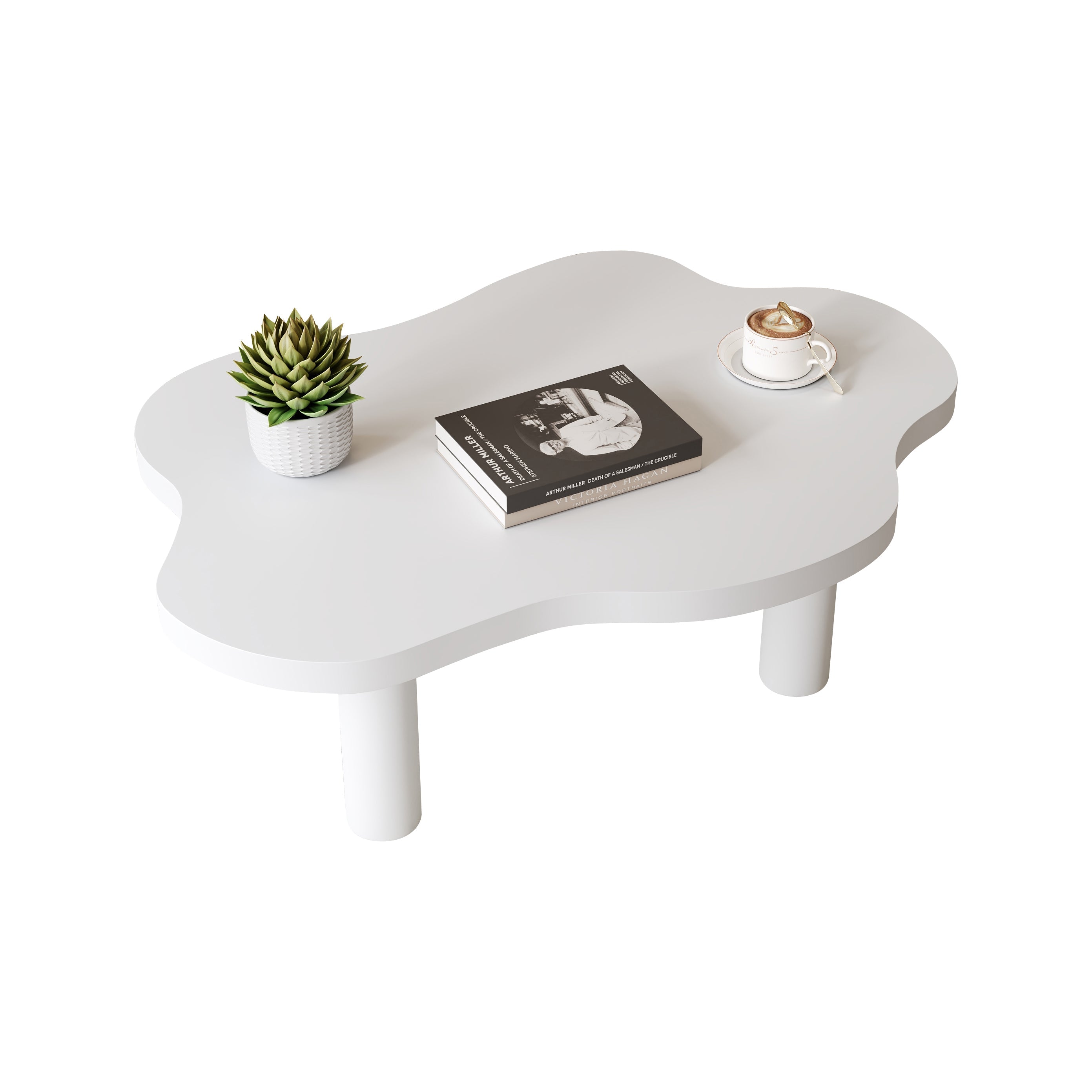 Cloud Shaped Coffee Table, Irregular Round Corner End Table, Modern White Tea Table with 4 Legs