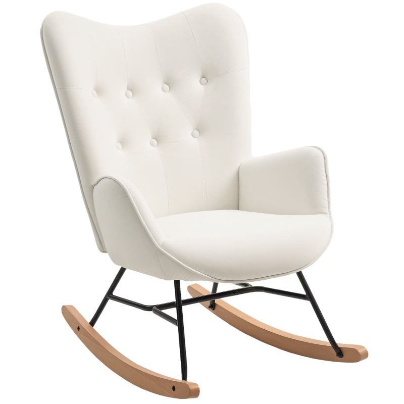 Rocking Chair, Modern Upholstered Armchair with Solid Wood Legs, Cream Velvet