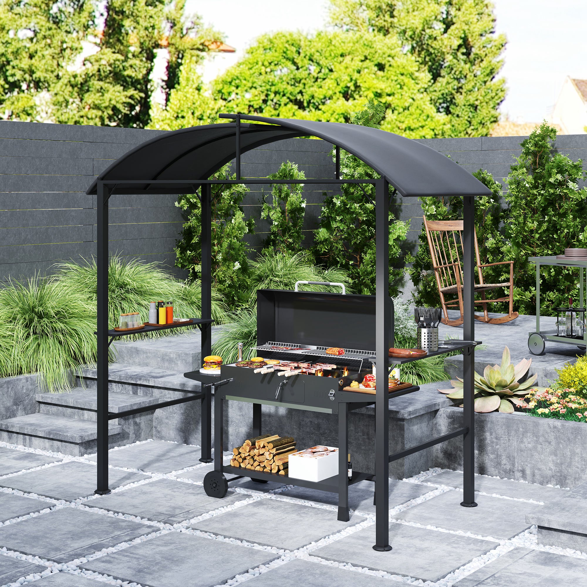 Grill Pavilion, Double Roof Windproof Shelves UV Protection, Dark Grey Steel