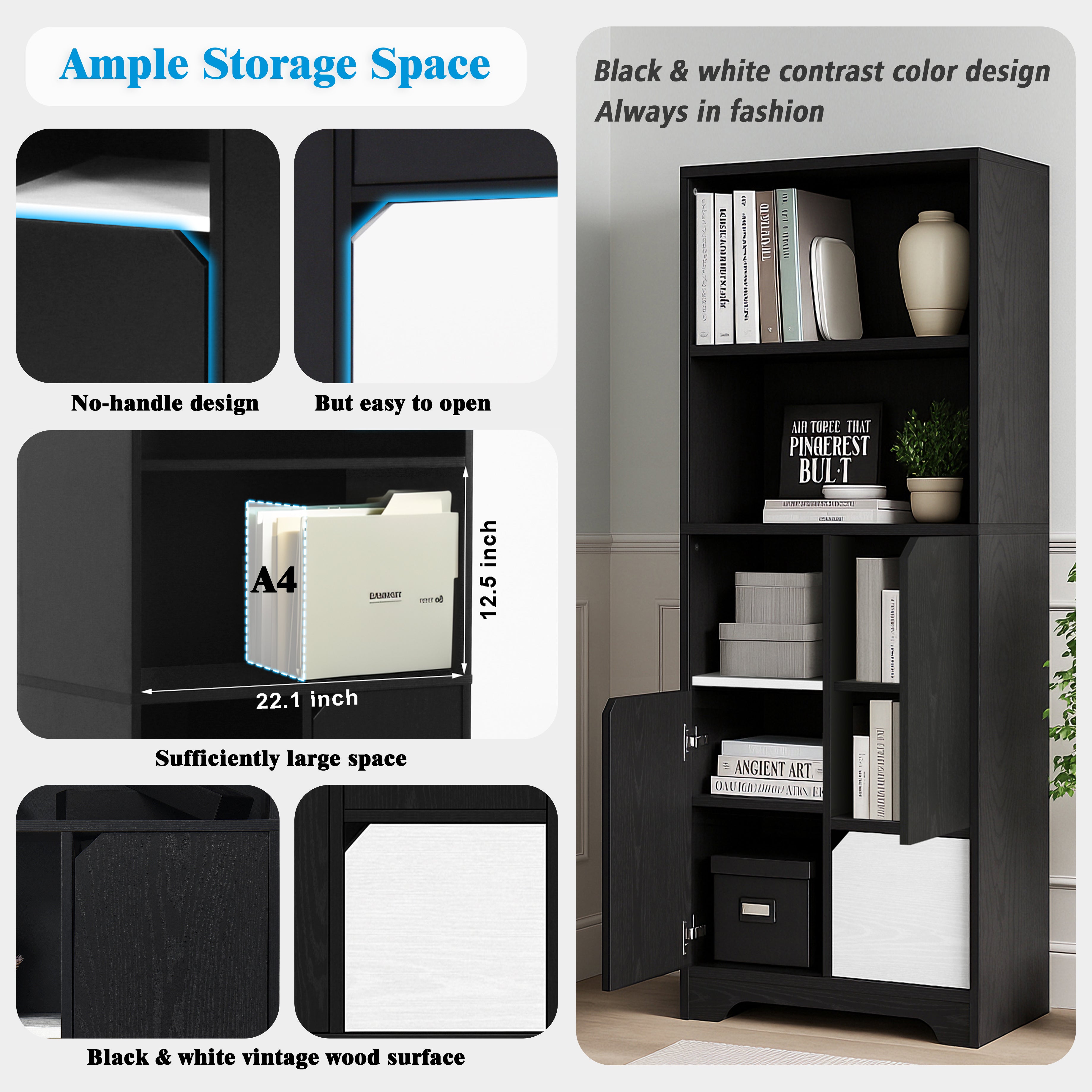 Multifunctional Bookcase Storage Cabinet, Open Storage Doors Drawers, Black and White