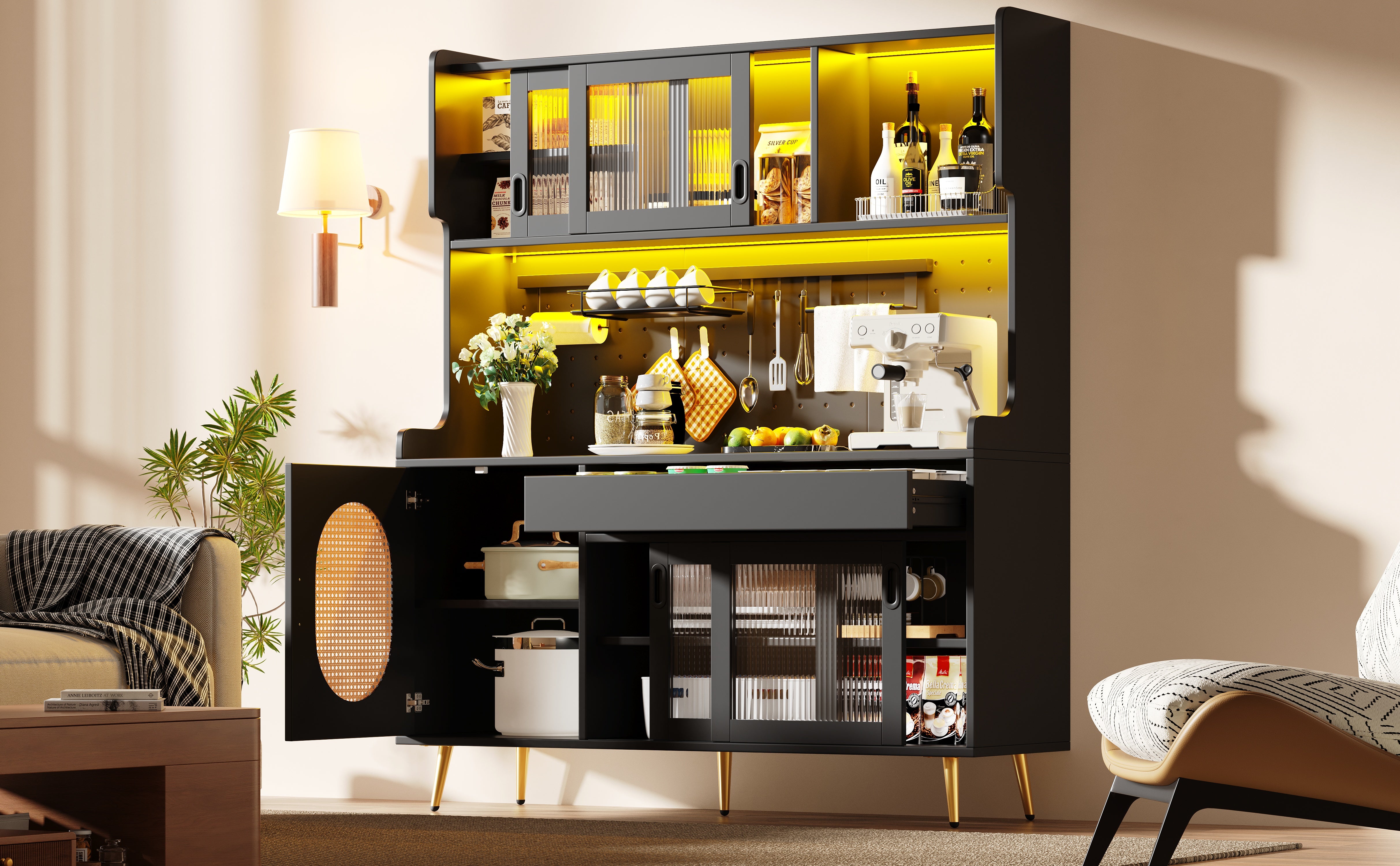 Buffet Cabinet with LED Light Strip and Fluted Glass Doors, Brown and Black