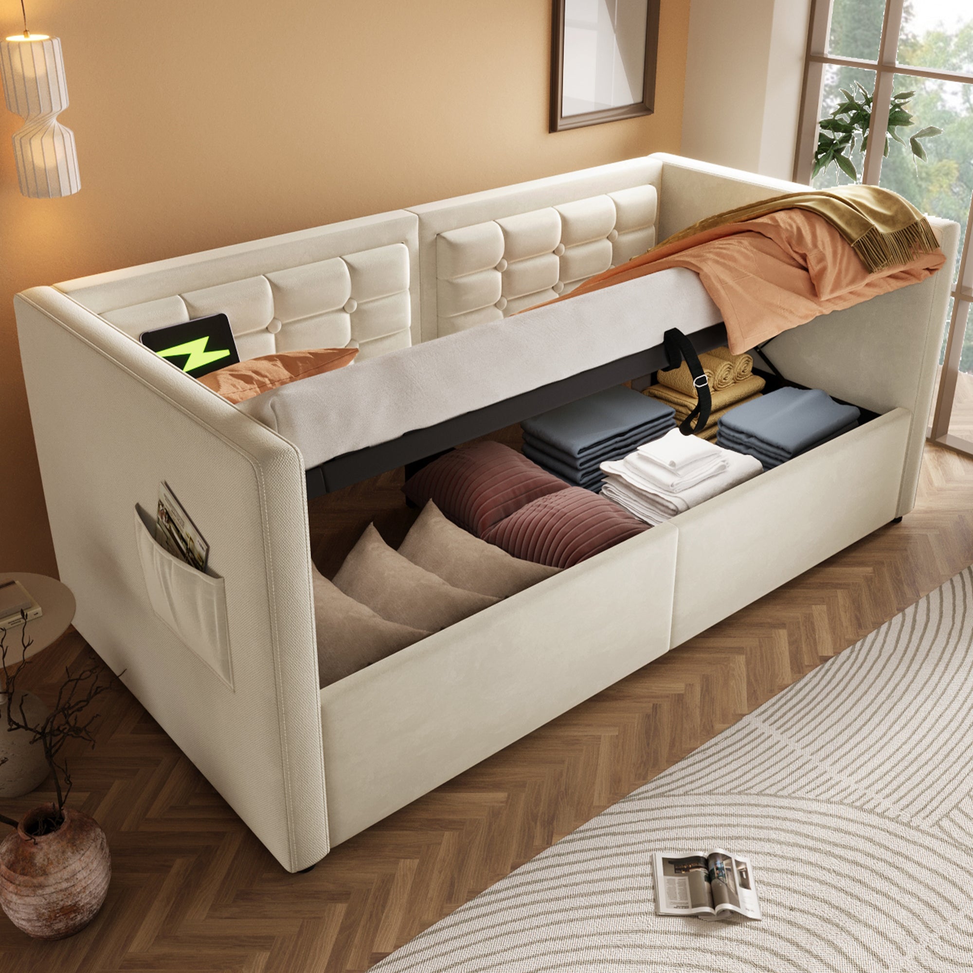 Sofa Bed 90x200cm, Single with Hydraulic Storage & USB/Type-C Charging, Beige Velvet
