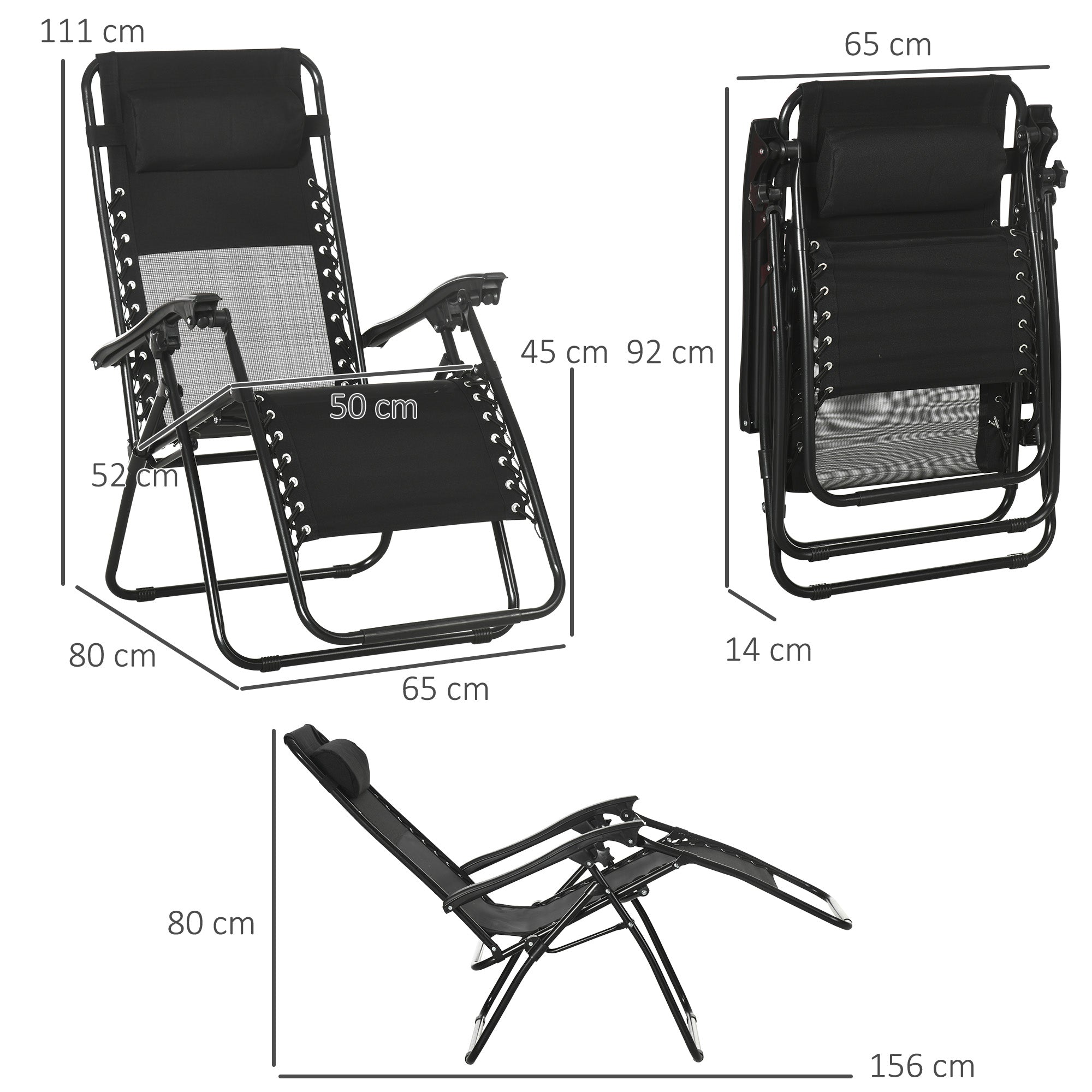 Garden Recliner Chairs Set of 2, Outdoor Foldable Zero Gravity w/ Footstool and Headrest, Black