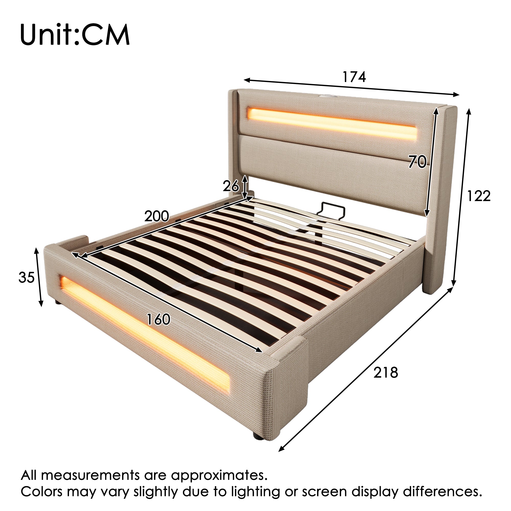 Upholstered Double Bed, 160x200 cm, LED, Hydraulic Storage, USB-C Charging, Metal Frame, Beige Linen
