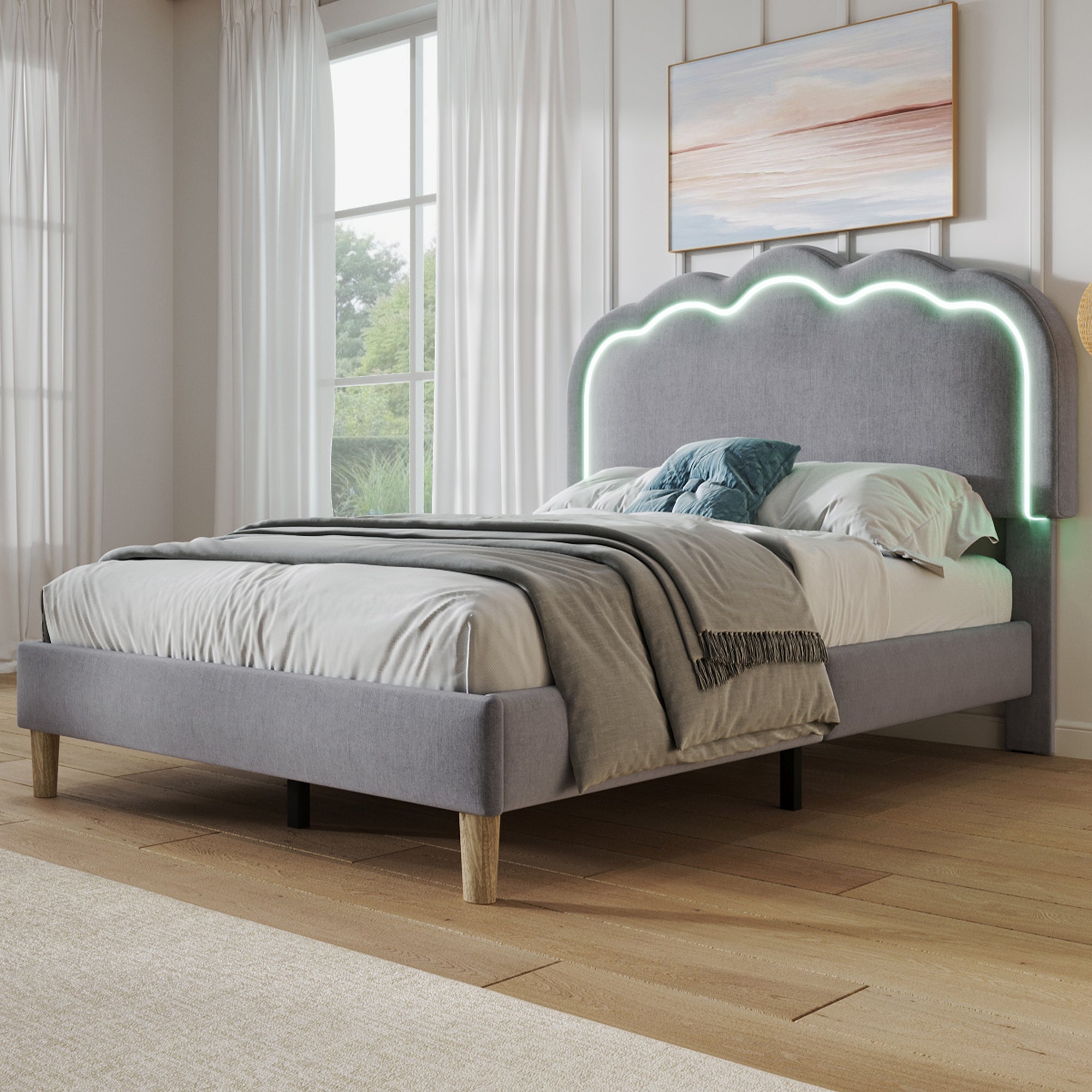 Upholstered Bed: Single Bed with LED & Adjustable Height Headboard, Grey Linen Material