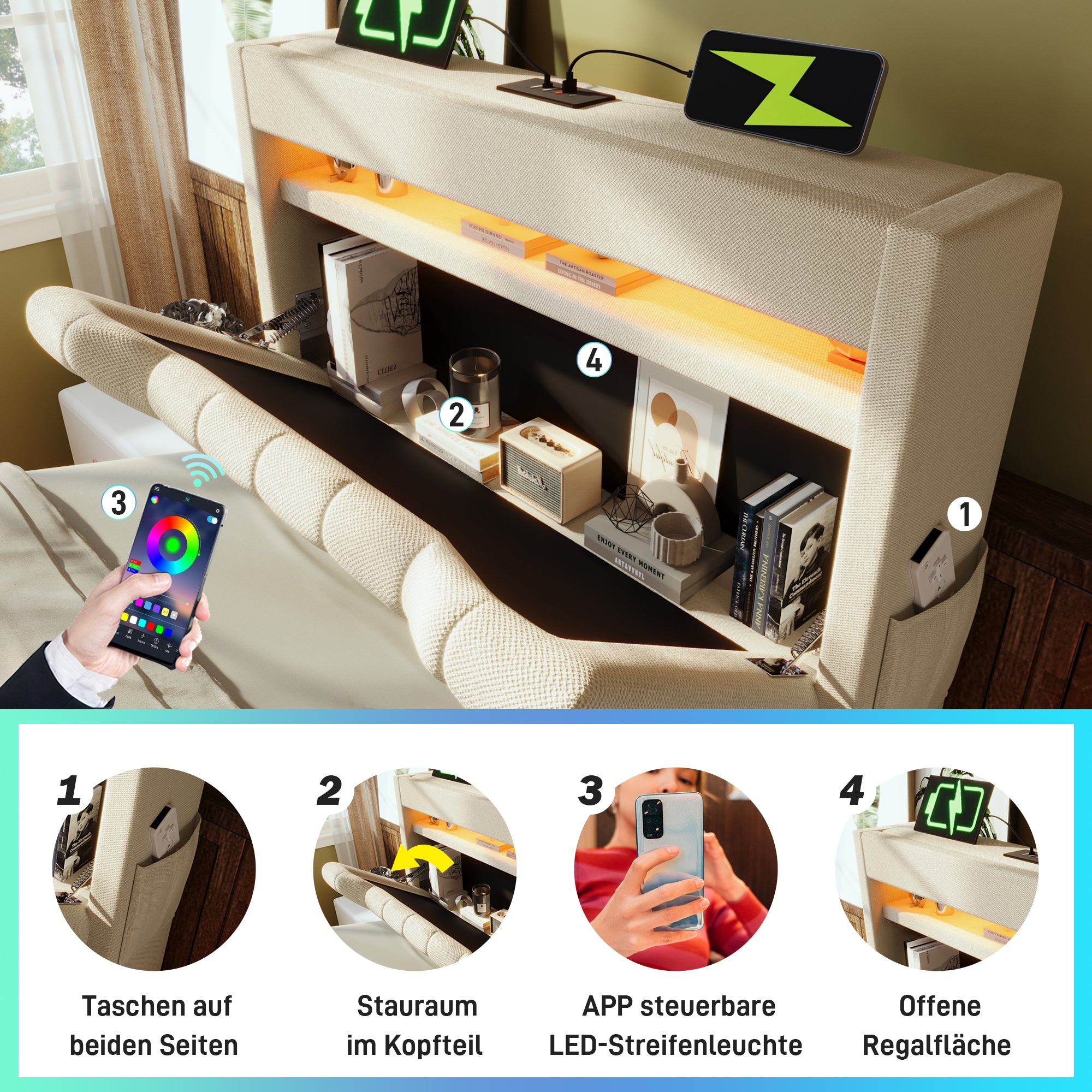 Upholstered Single Bed 90x200cm, Hydraulic Storage LED/USB Headboard, Beige Linen