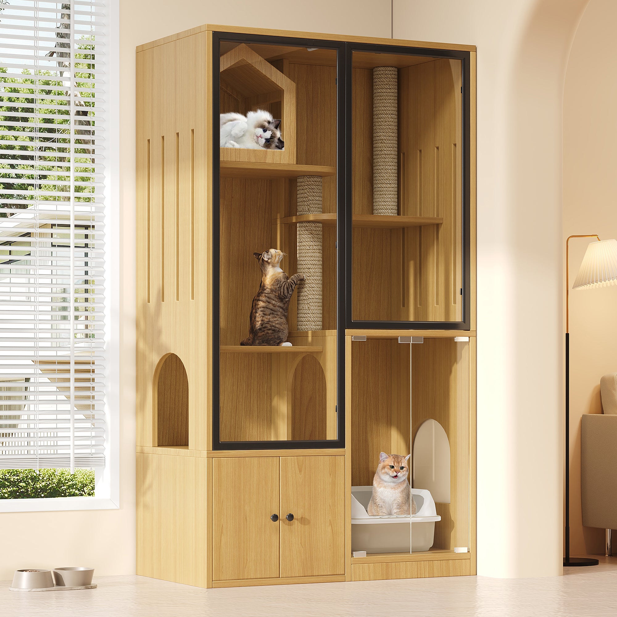 Cat House Villa, 4-Story Winterproof Fence with Scratching Posts, 90x50x160cm Yellow Maple Wood