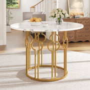 Round Dining Table, 100x100x76cm, Coffee Table for 4, MDF Marbled Top, Golden Metal Legs
