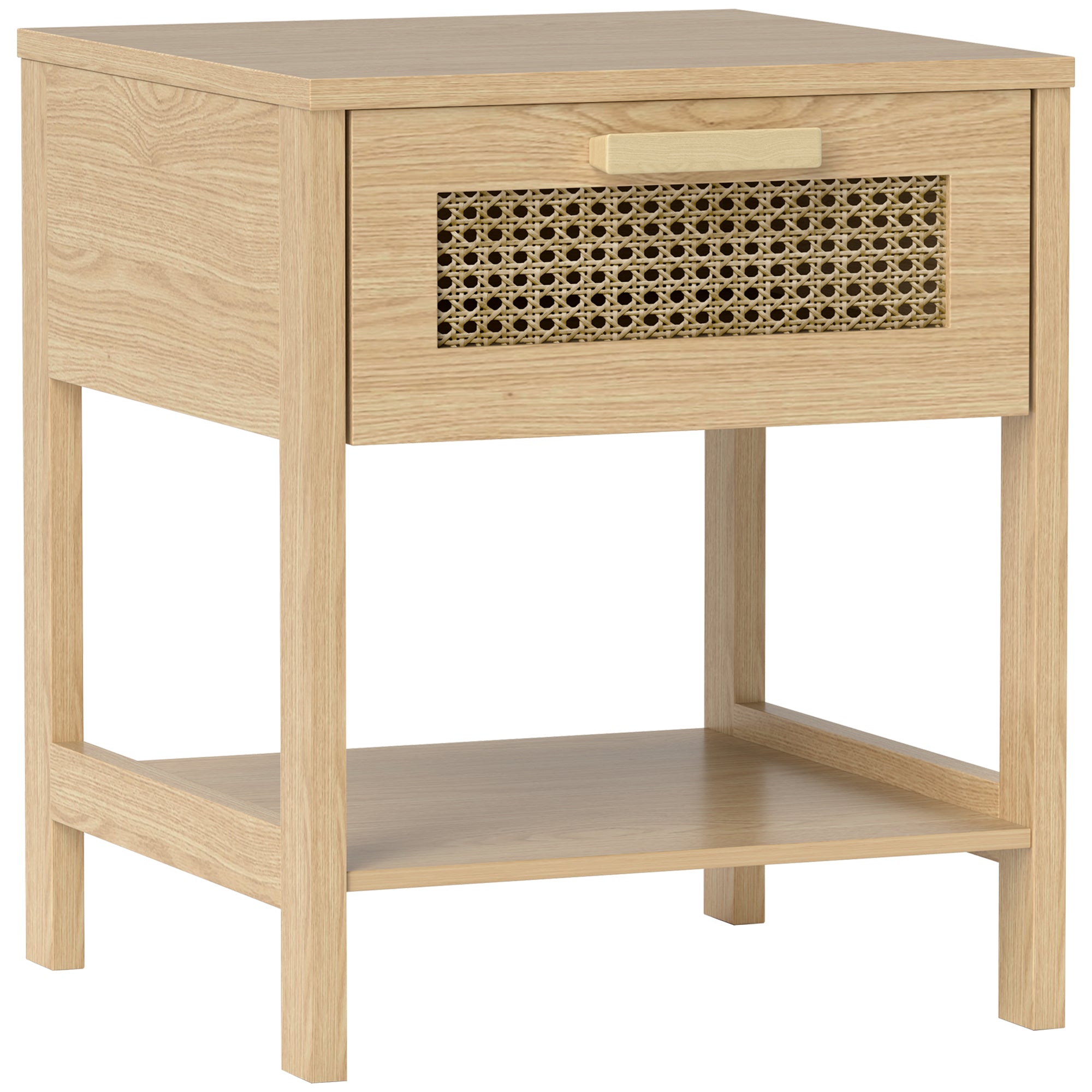 Bedside Table with Drawer, Open Shelf, Rattan Design, Natural