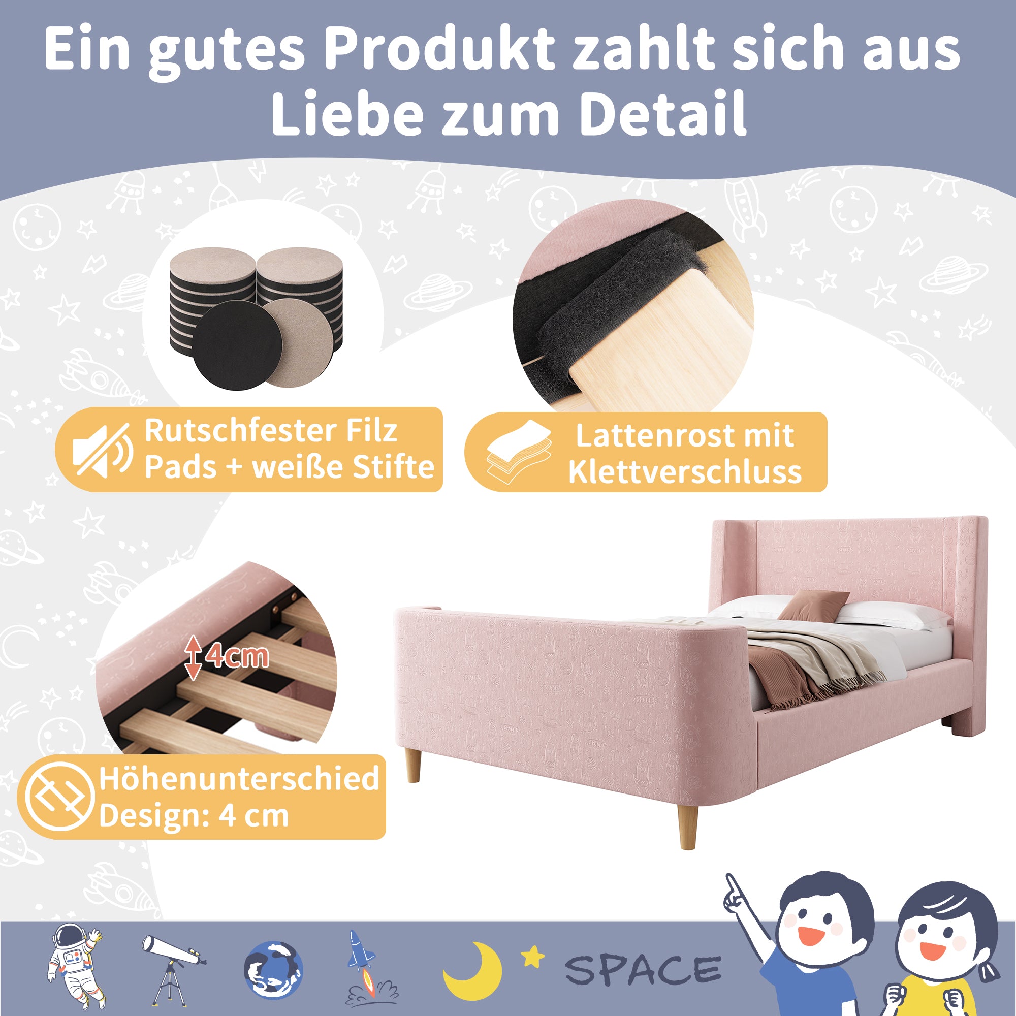 Children's Bed Upholstered Sleigh Bed, Cosmic Pattern, 90x200cm, Pink Velvet