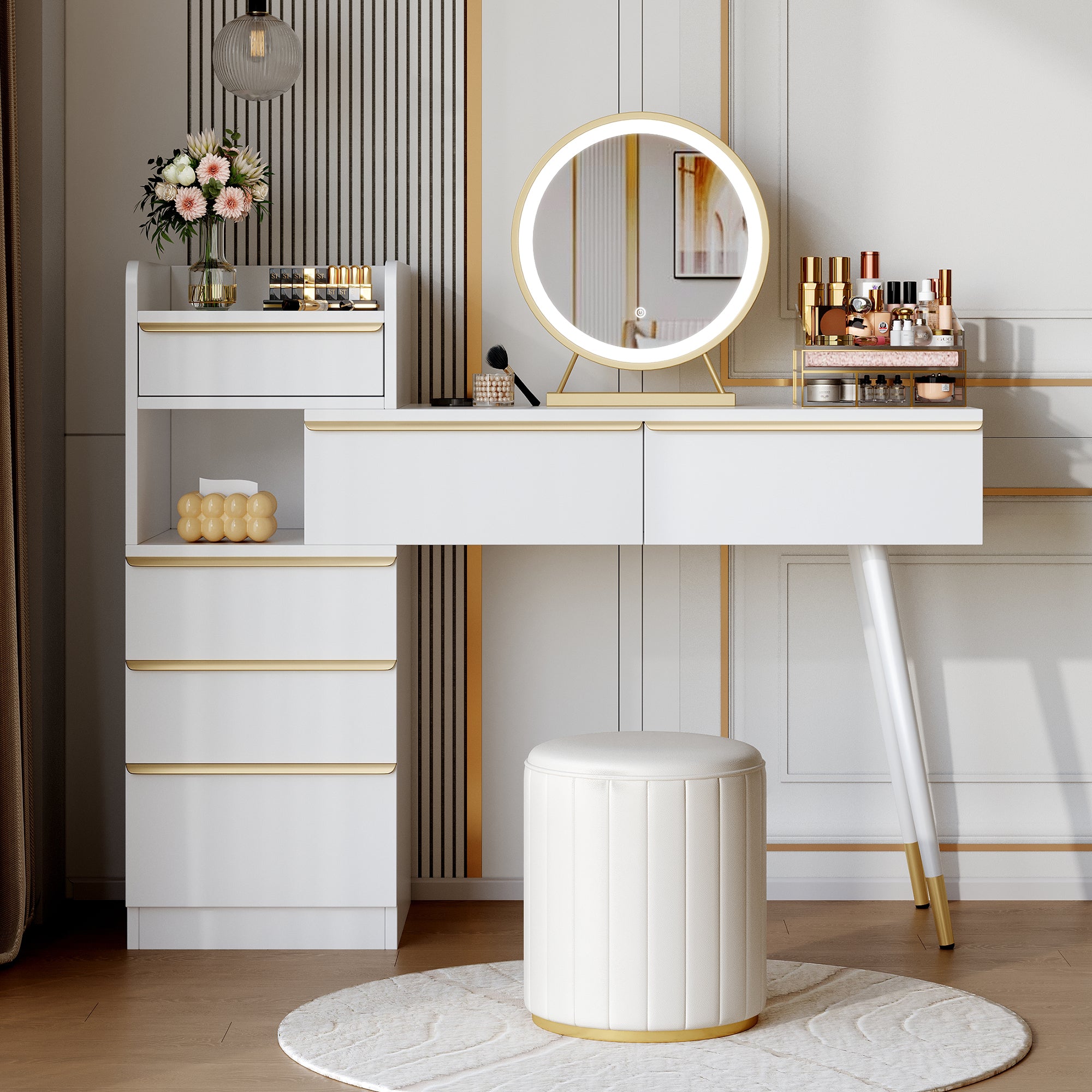Dressing table with extendable tabletop, 6 drawers, gold handles, LED mirror, dimmable light, white