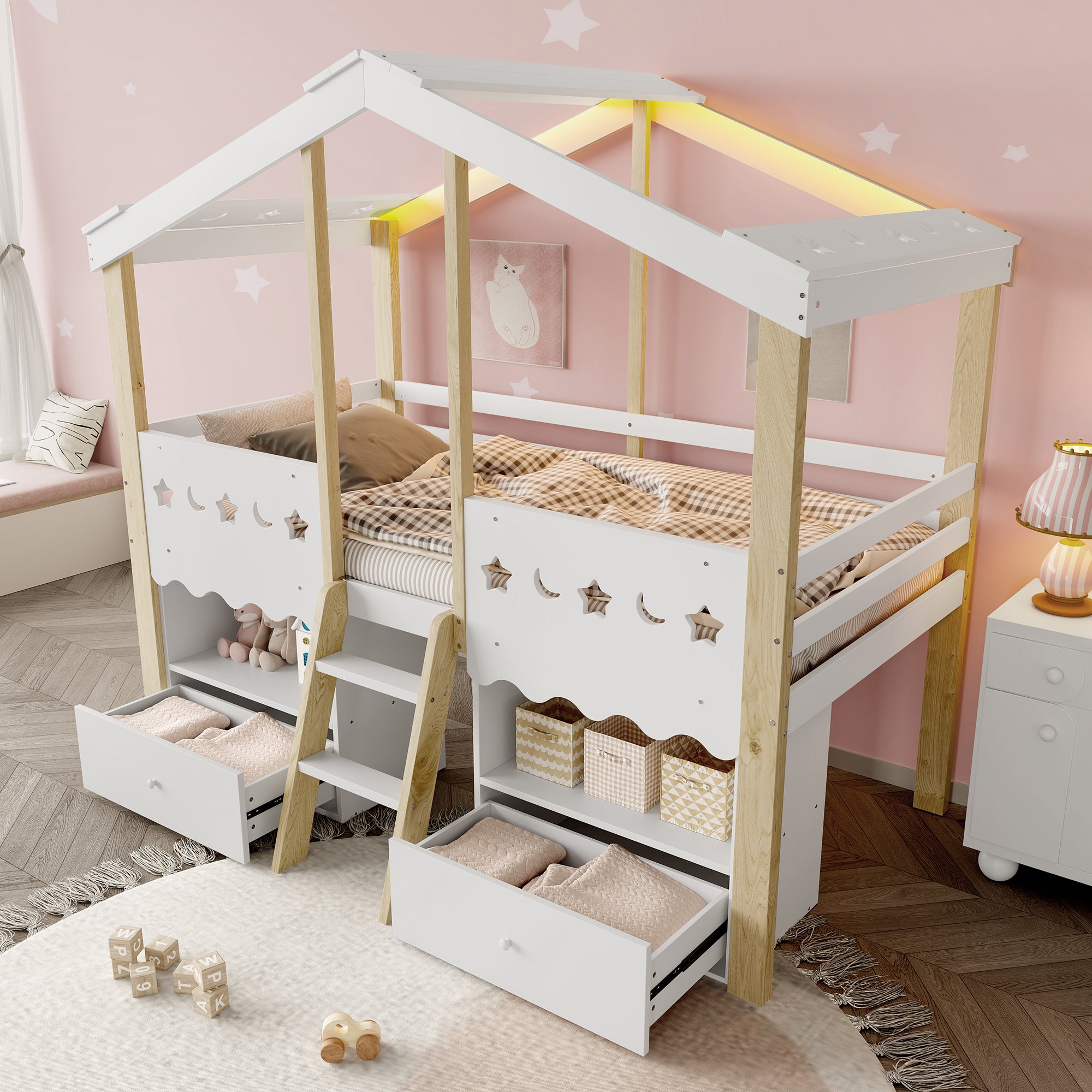 Mid-height Bed 90x200cm House Shape 2 Drawers LED Light - White/Natural