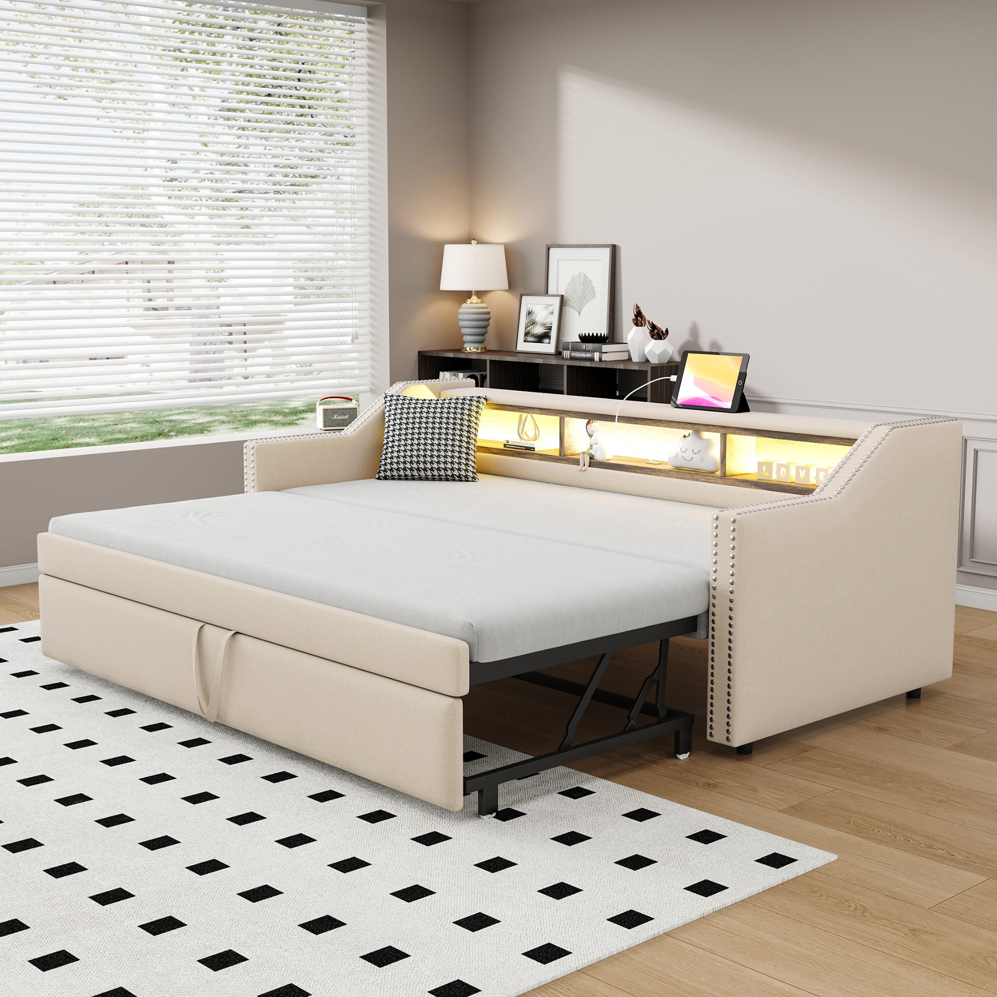 Upholstered Sofa Bed, Pull-Out with Storage, LED & USB, Beige