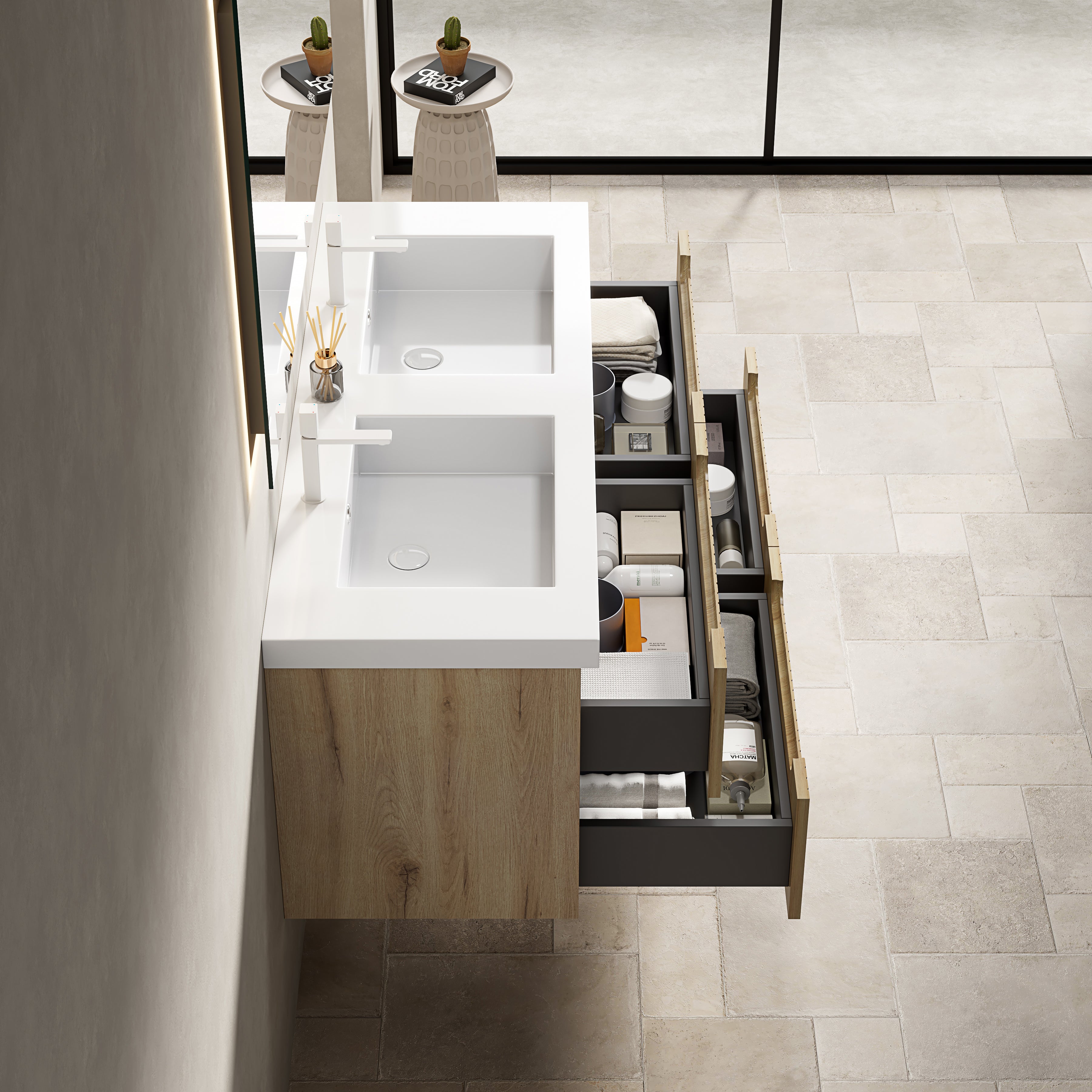 Floating Bathroom Vanity Unit with 2 Undermount Sinks and 4 Drawers, White Oak Wood Grain