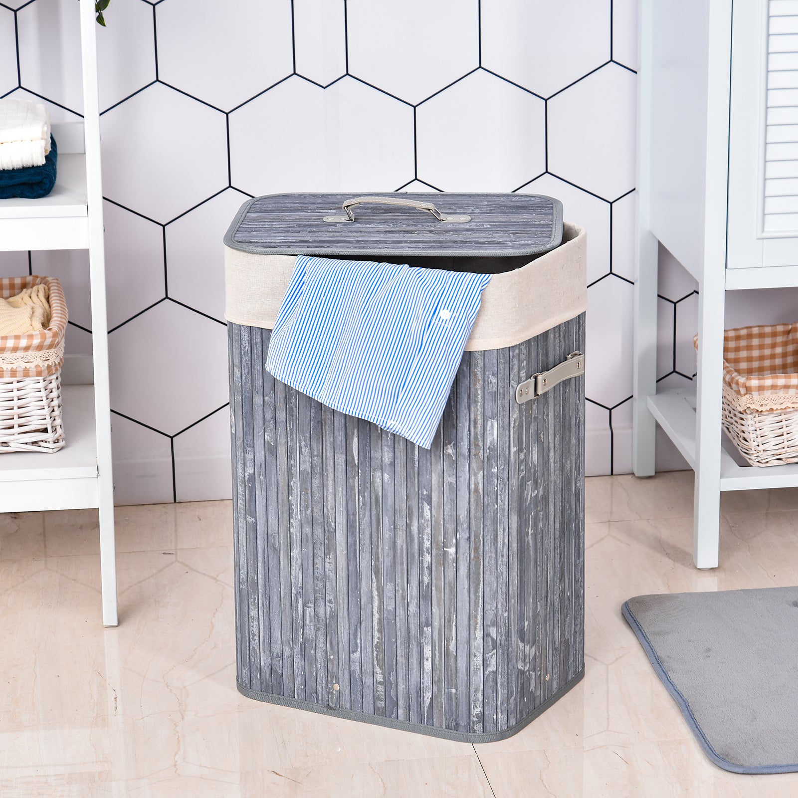 Laundry Basket 72L Foldable with Lid, Bamboo, Grey