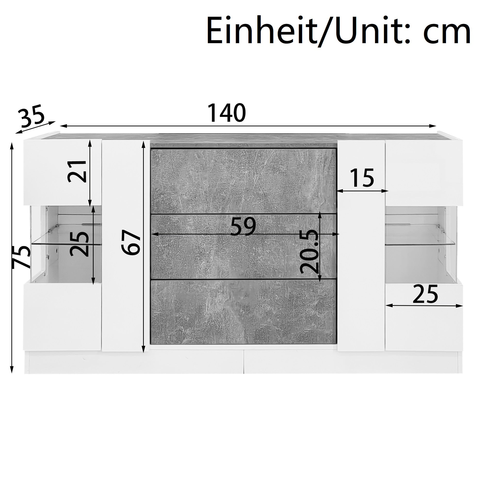 Sideboard, 2 Doors 3 Drawers LED Lighting, High-Gloss White & Grey Marble