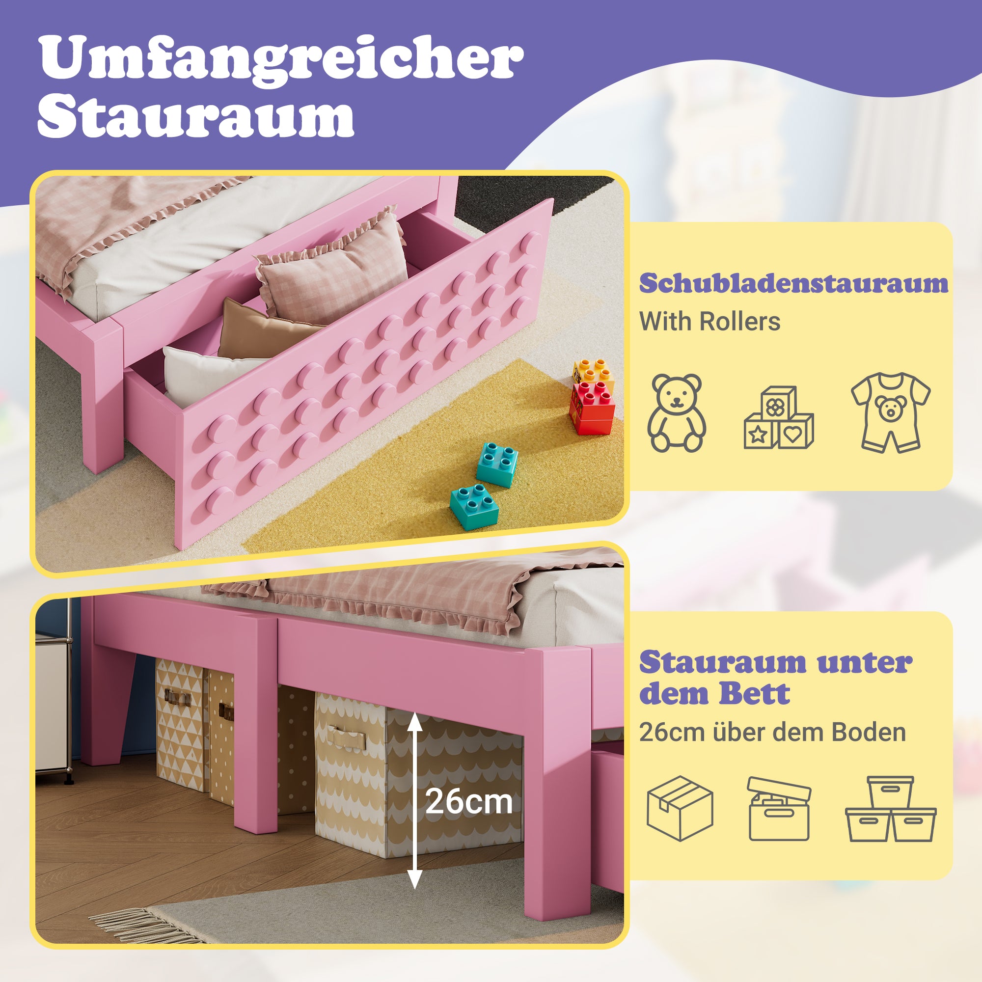 Wooden Single Bed, 90x200 cm with Drawers, Pink