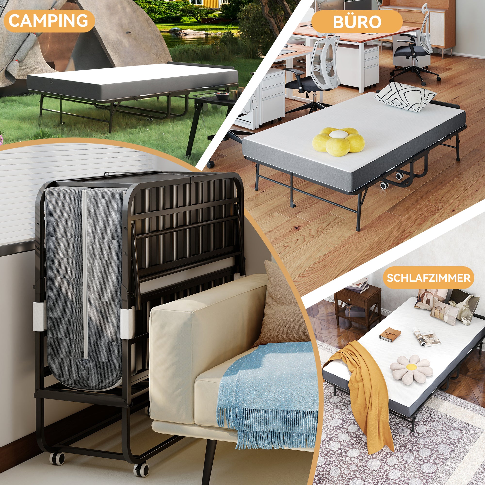 Folding Twin Bed Rollaway, 190x116cm with 9.5cm Memory Foam Mattress, Metal Frame