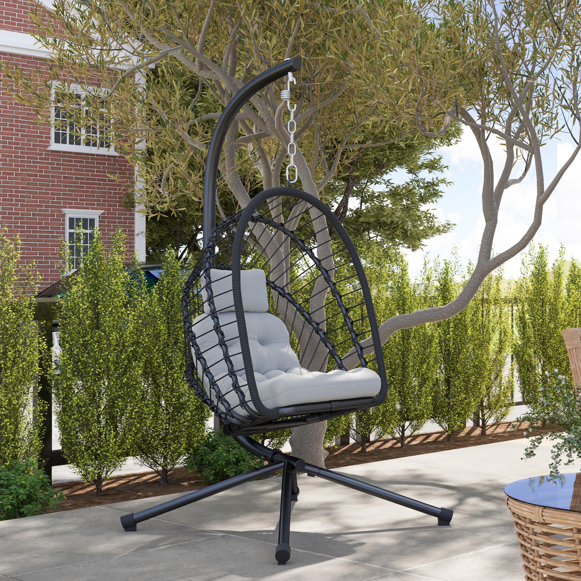 Outdoor PE Rattan Swing Chair Hanging Egg Chair with Foldable Basket, Cushion and Metal Stand, Black