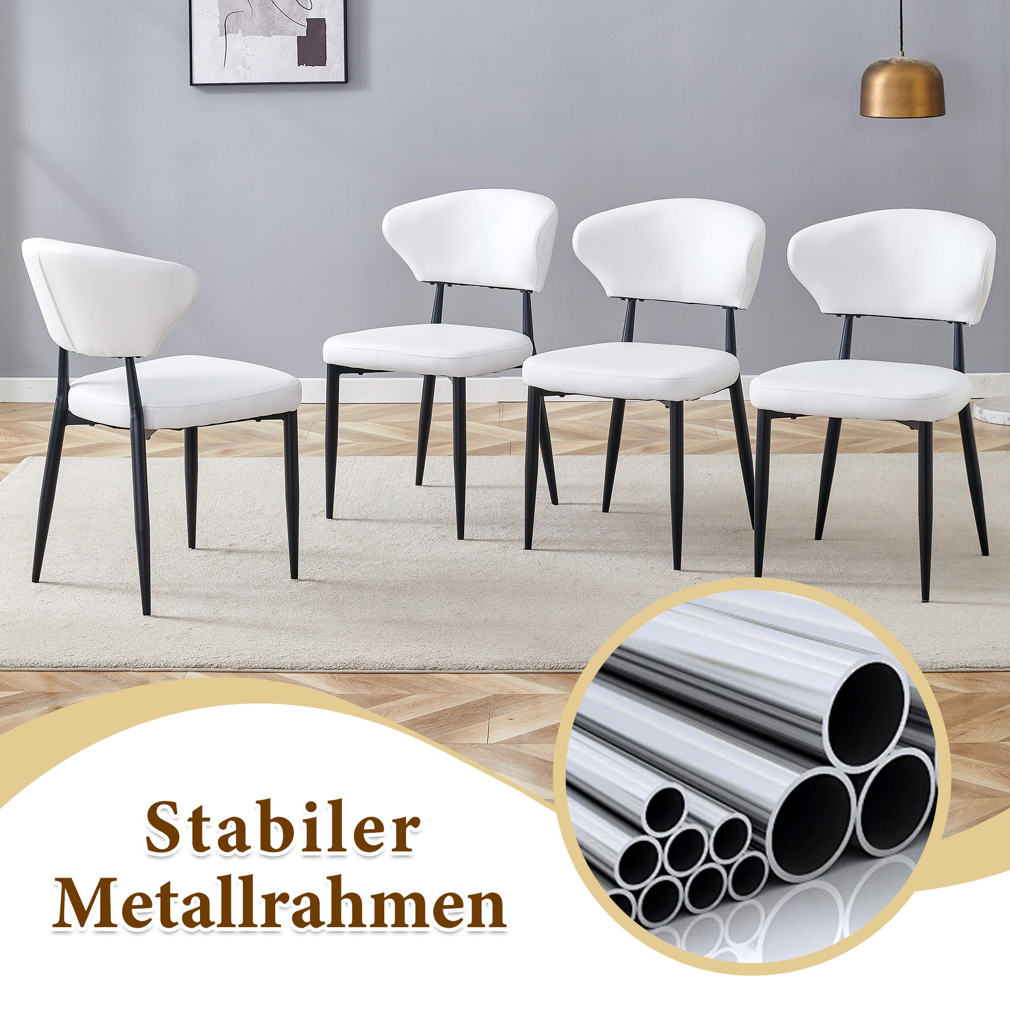 Modern Minimalist Round Table Set, 100cm Diameter with 2 Armchairs, Black Wood/White PU