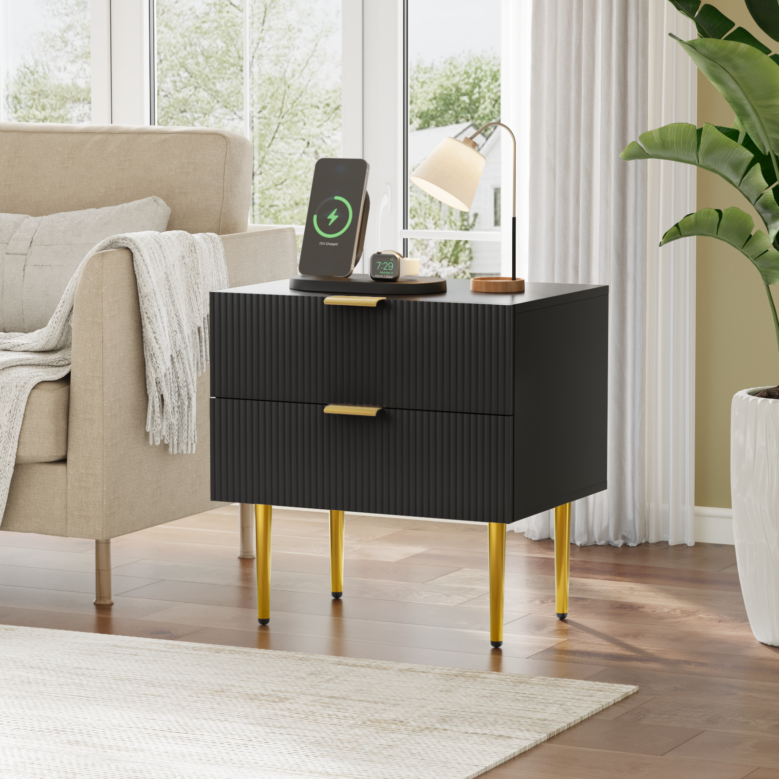 Bedside Table, 2 Drawers, Metal Legs, Black