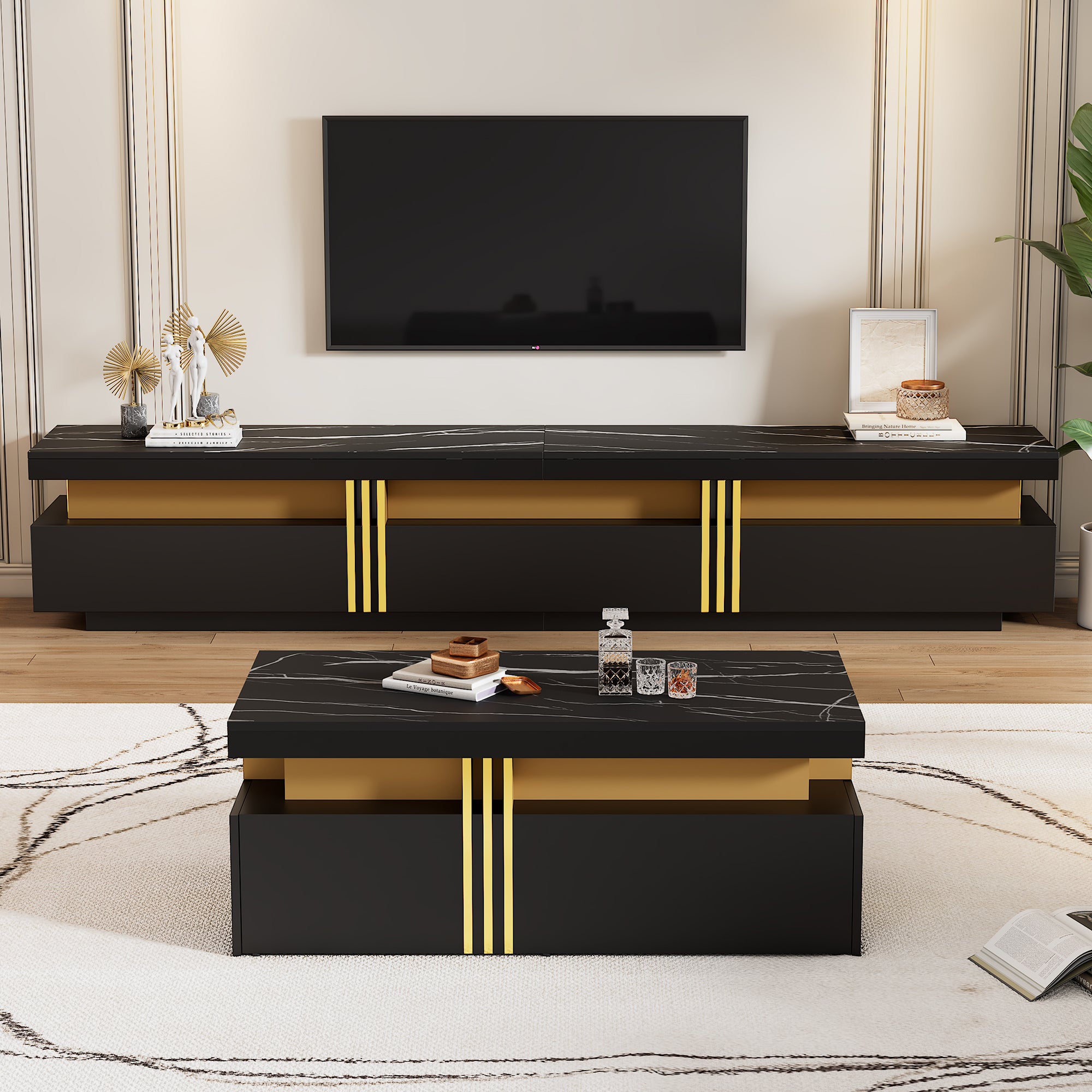 TV Wall Combination, Multifunctional Cabinet with Coffee Table, Black