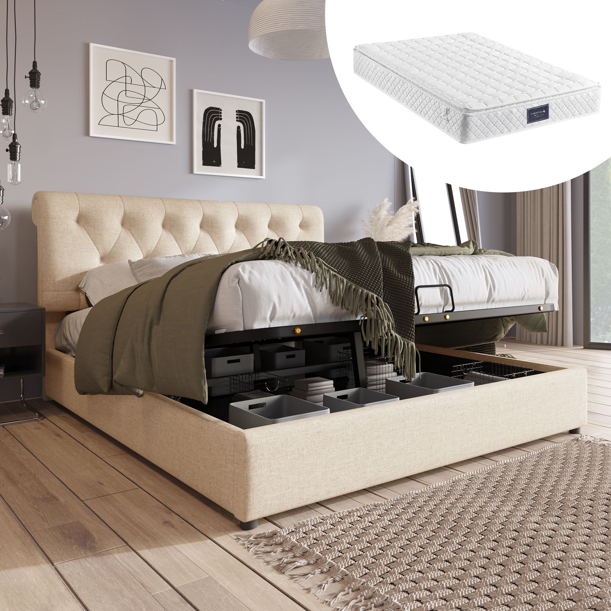 Hydraulic Upholstered Bed, 140x200cm Adjustable Headboard with Storage, Natural