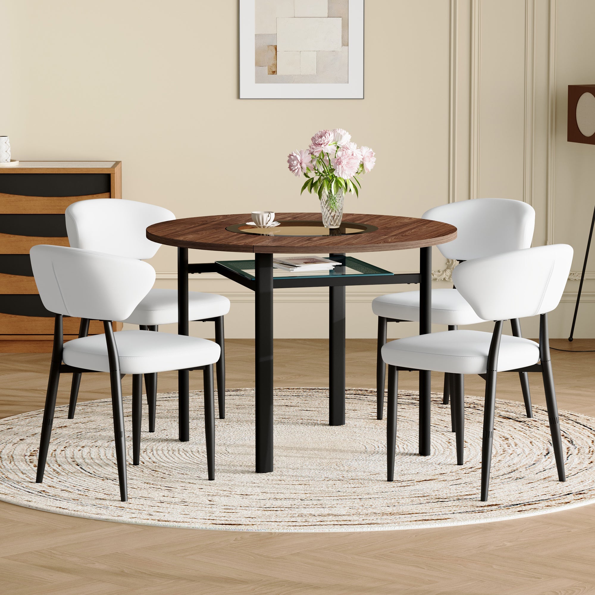 Modern Minimalist Round Table Set 100cm Diameter 4 Chairs Wood/White PU
