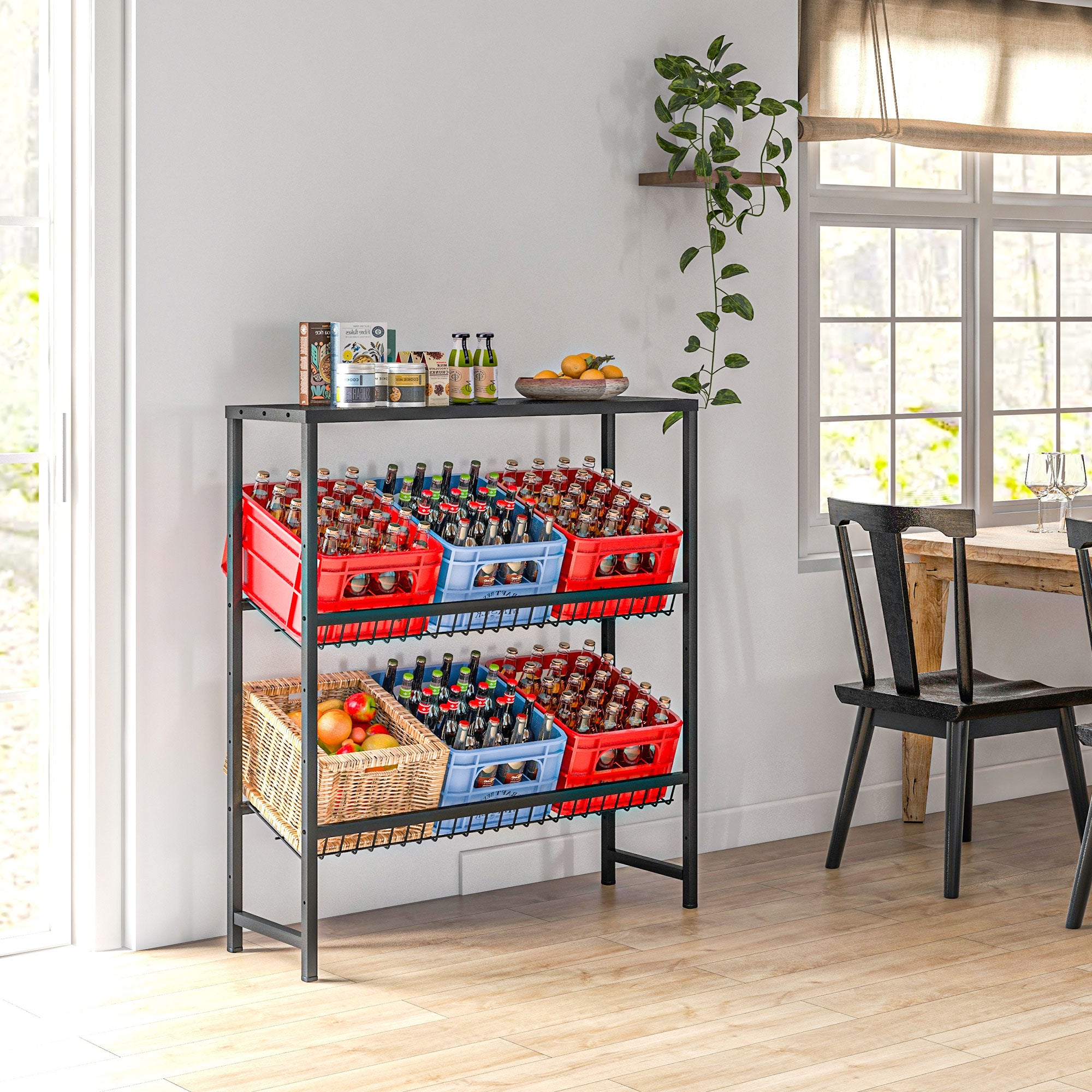 Freestanding beverage crate rack 6 crates adjustable shelf height 3 levels non-slip black steel