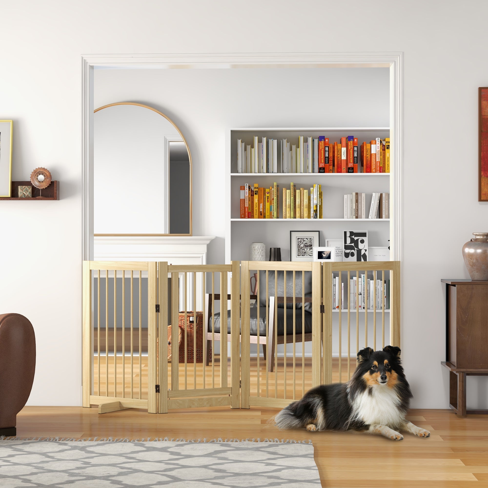 Dog Safety Gate, 4-Piece Foldable Freestanding Door, Wooden