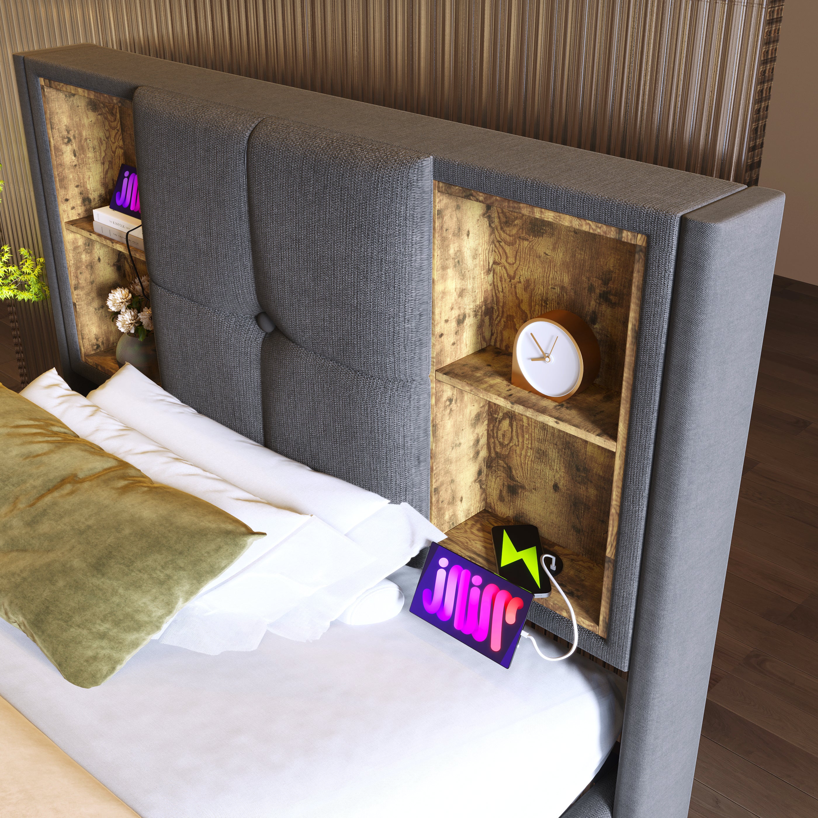 Single Bed, Wireless Charging USB C, 90x200cm with Storage, Wood-Grey Cotton