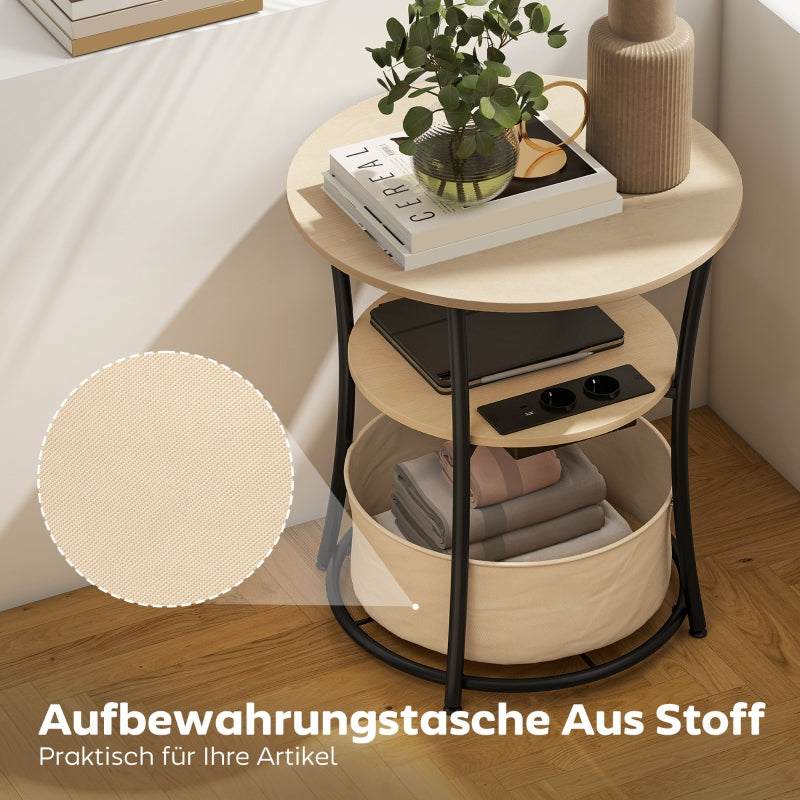 Side Table, 3-Tier with Charging Station & Storage Bag, Natural Wood