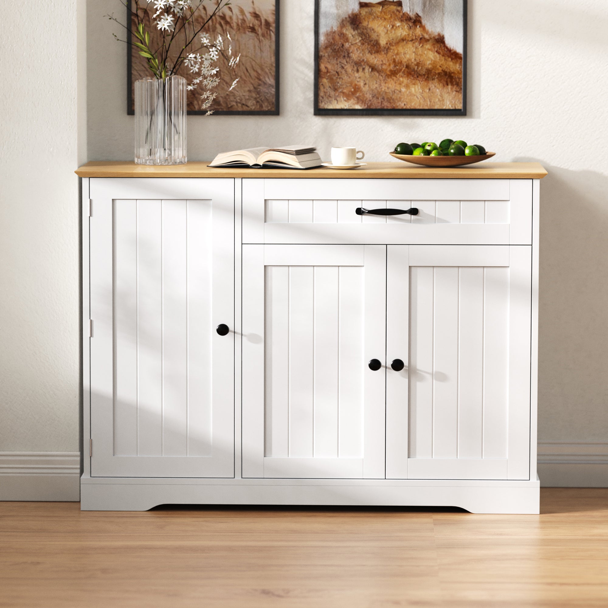 Sideboard 3 Doors 1 Drawer Storage Cabinet - White/Natural