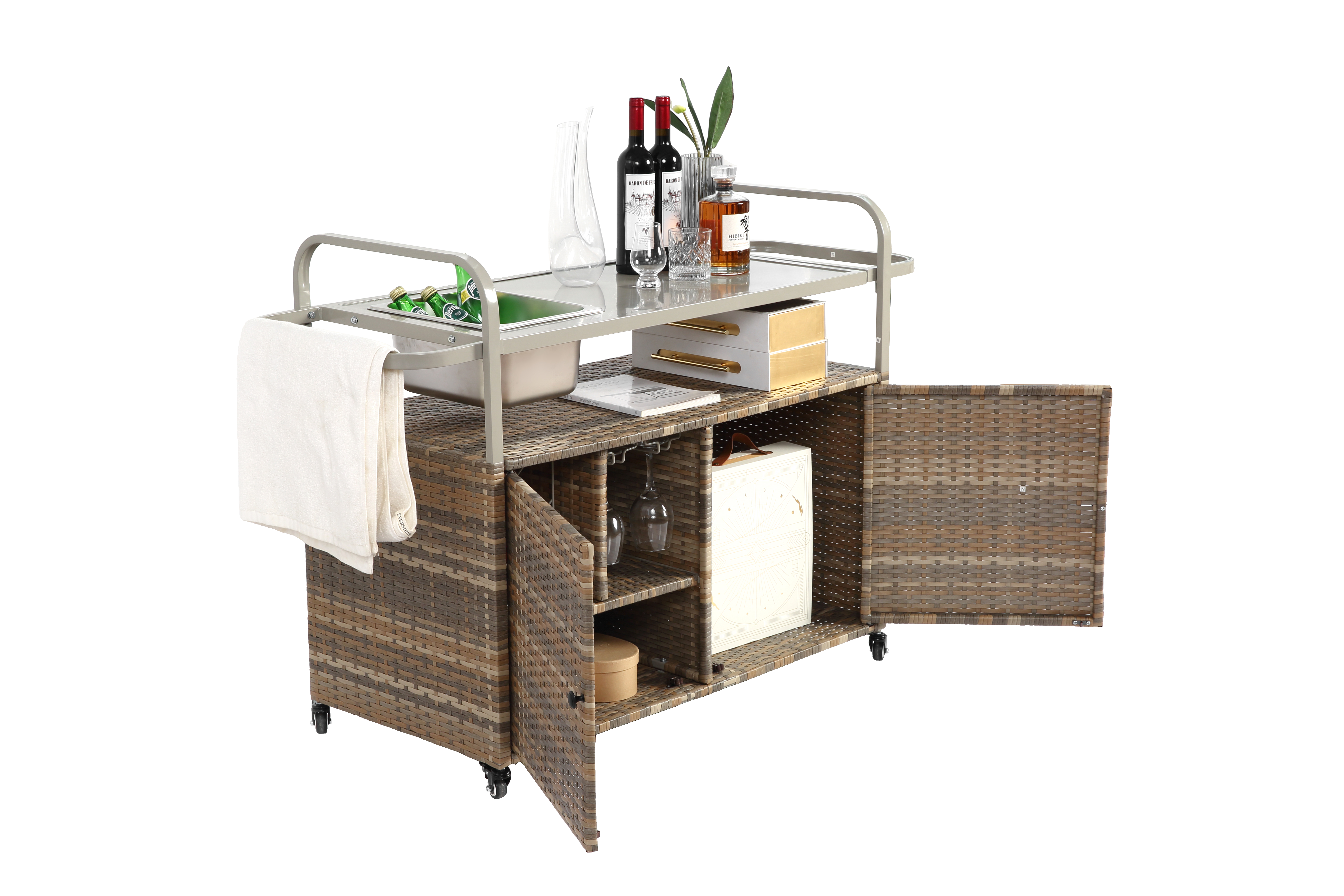 Outdoor Bar Table, Wicker Bar Cart with Cabinet, Steel Top, Ice Bucket, Lockable Wheels, Beige