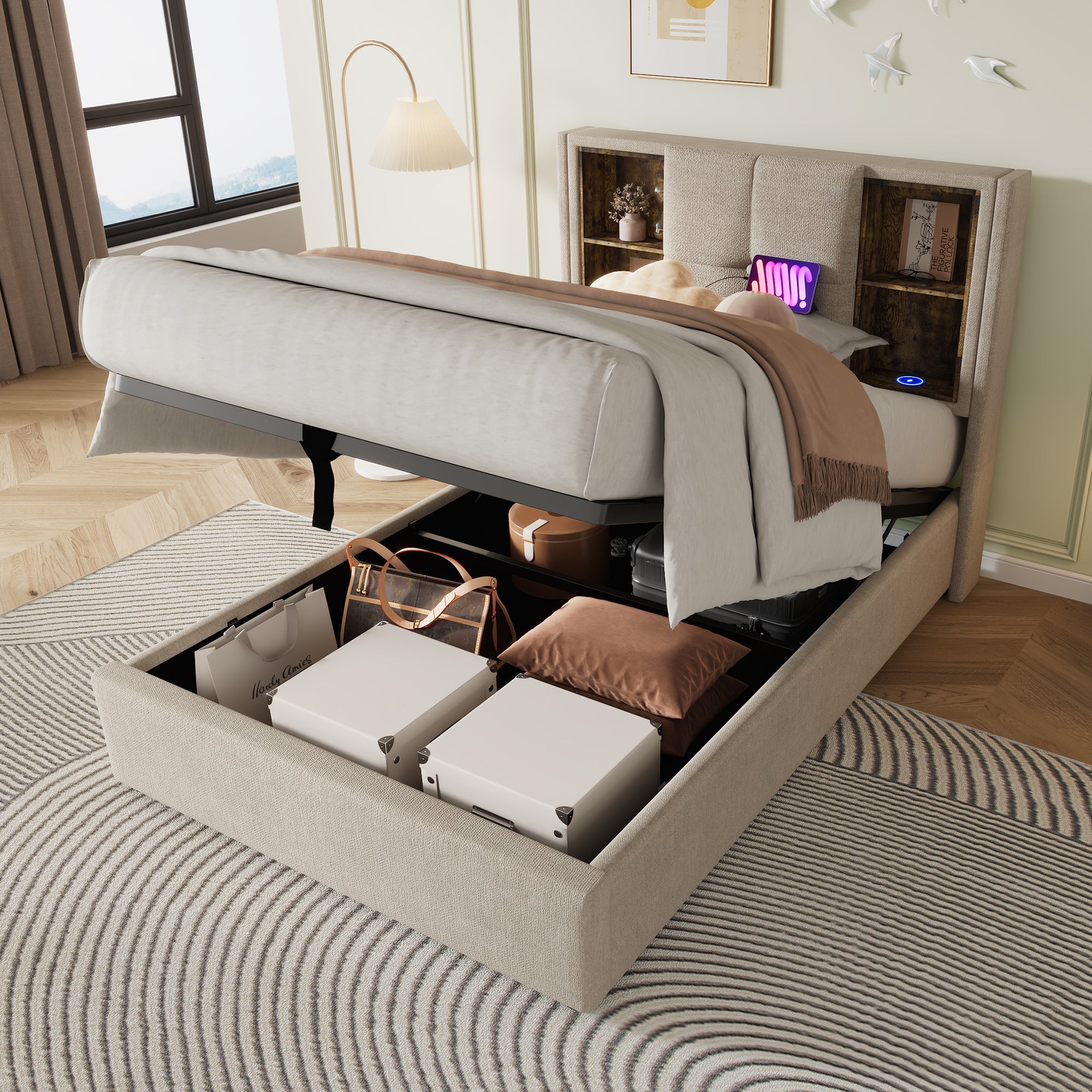 Single Bed, 90x200cm Upholstered with Wireless USB-C Charging, Storage & Wood Slats, Natural Linen