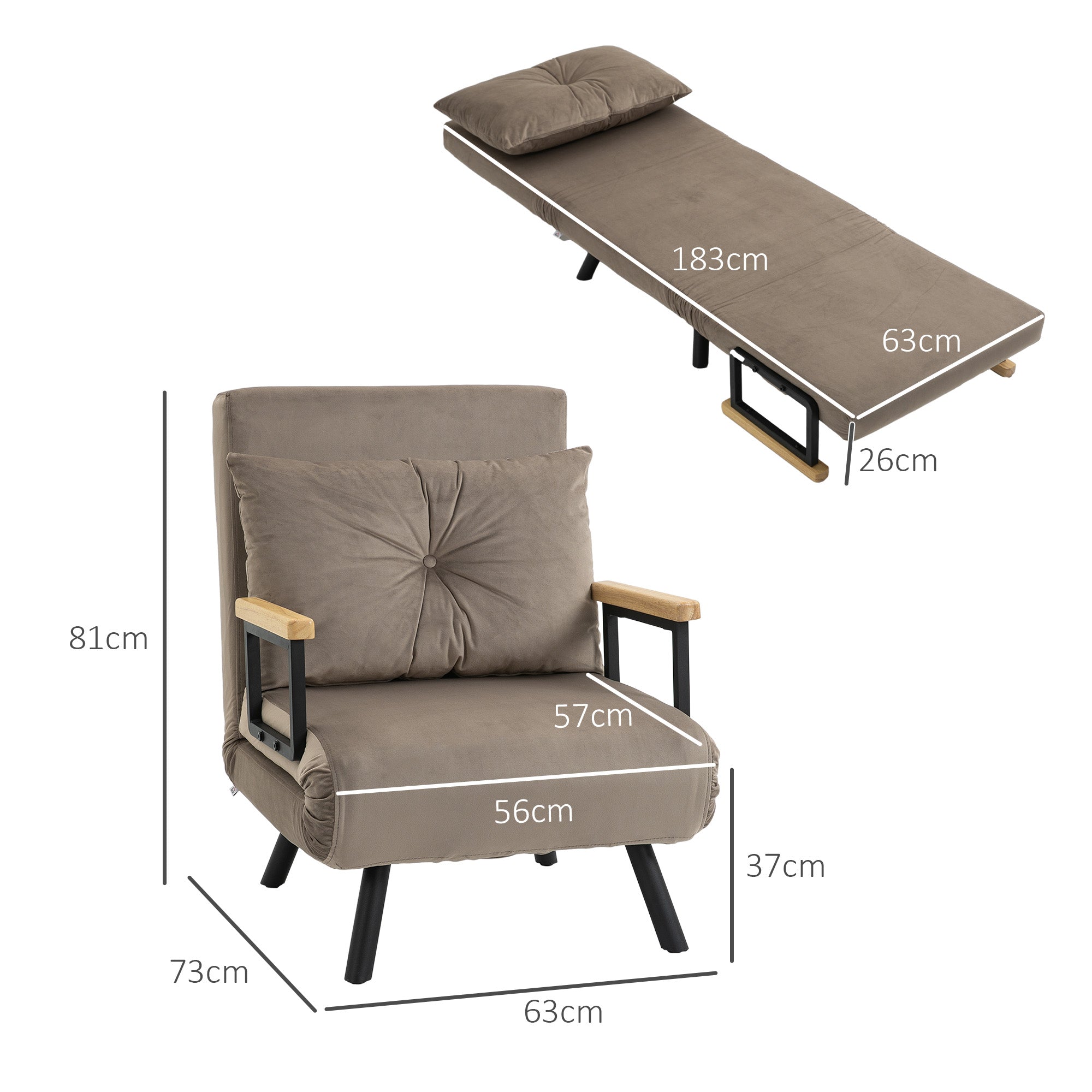 Sleeper Chair Bed, 5-Position Adjustable Backrest Space-Saving Robust, Light Brown Velvet Look