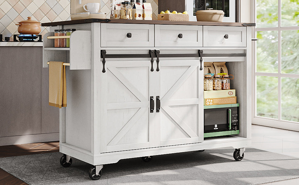 Kitchen Island Serving Cart with Extendable Worktop and 3 Drawers, Wood Grain