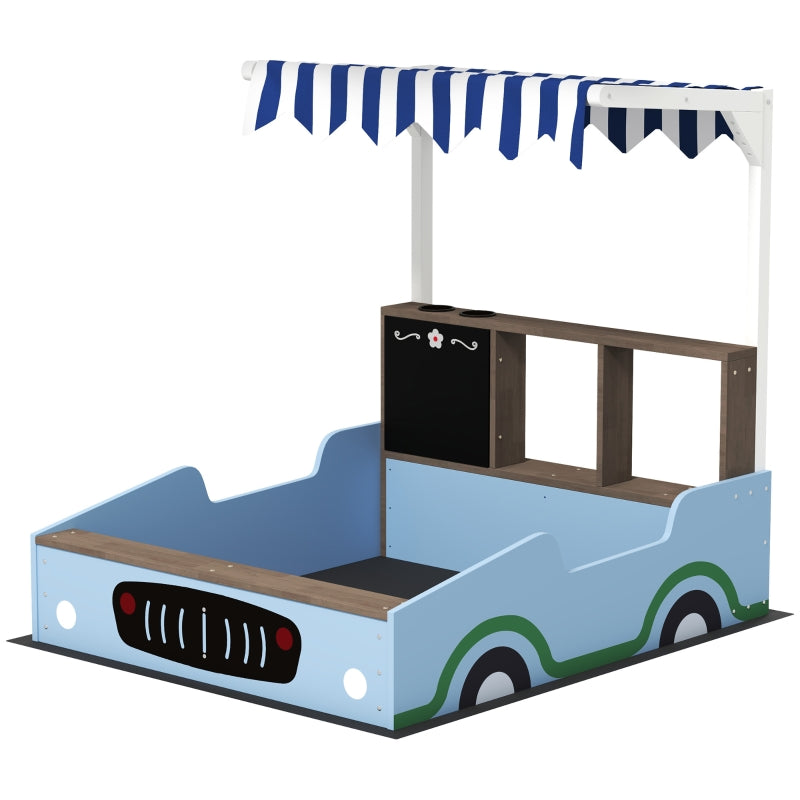 AIYAPLAY Sandpit with canopy, shop design, bench, drawing board, fir wood, blue