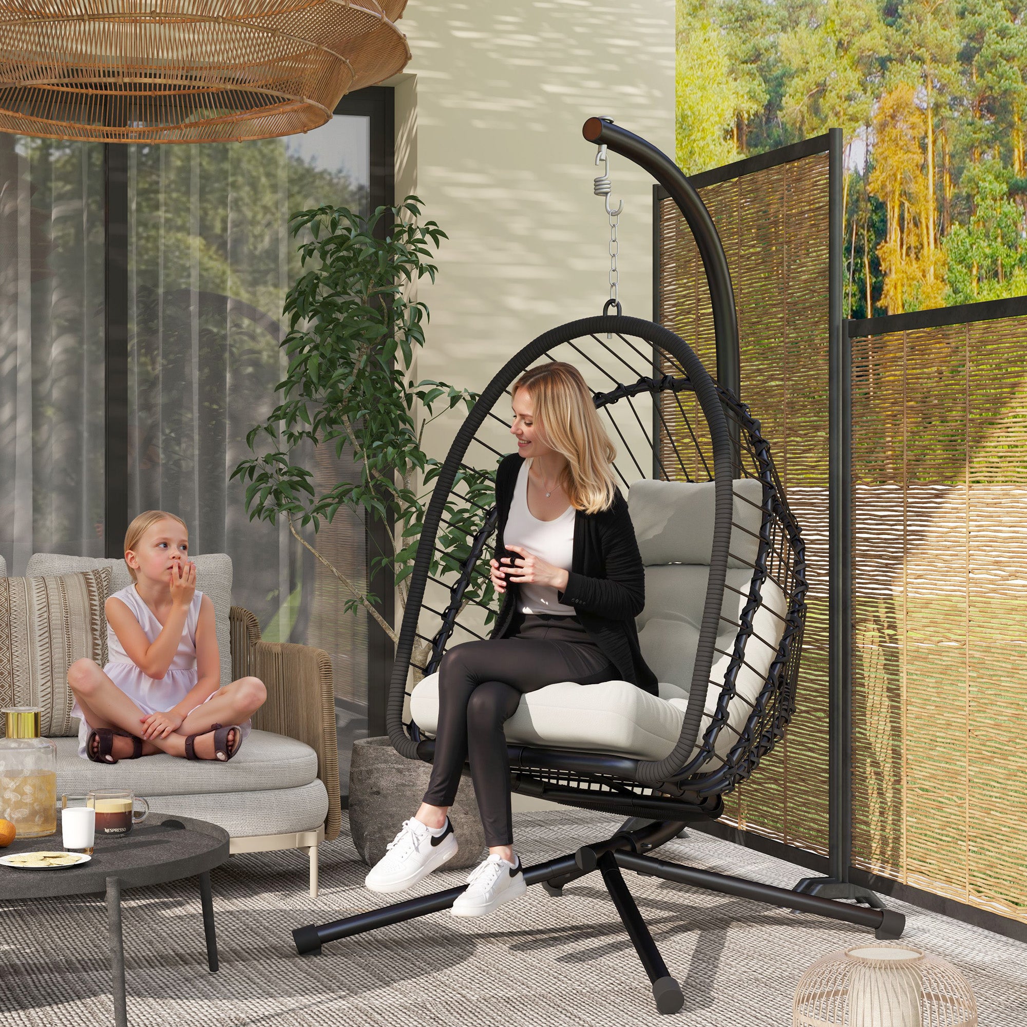 Outdoor PE Rattan Swing Chair Hanging Egg Chair with Foldable Basket, Cushion and Metal Stand, Black