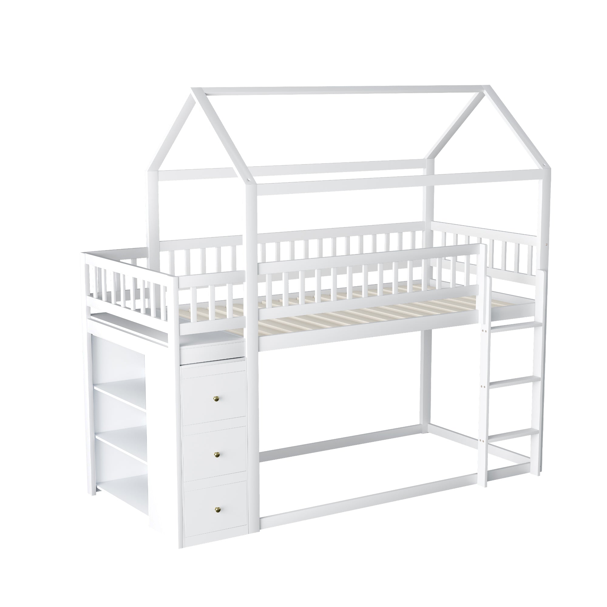 Bunk Bed, House Shape with Storage and Ladder, Solid Wood, White