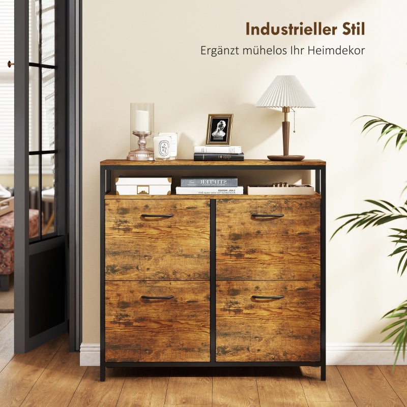 Shoe cabinet with 4 folding drawers, slim design, open shelf, steel, brown