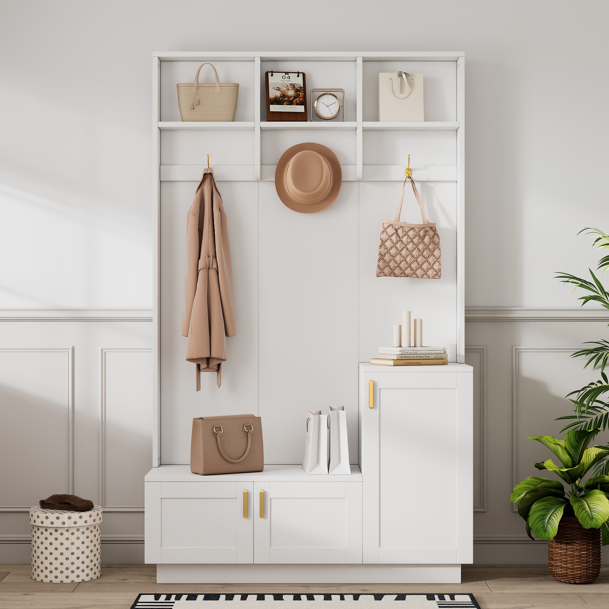 Wardrobe Set with Bench & Shoe Rack, Multifunctional Storage, White